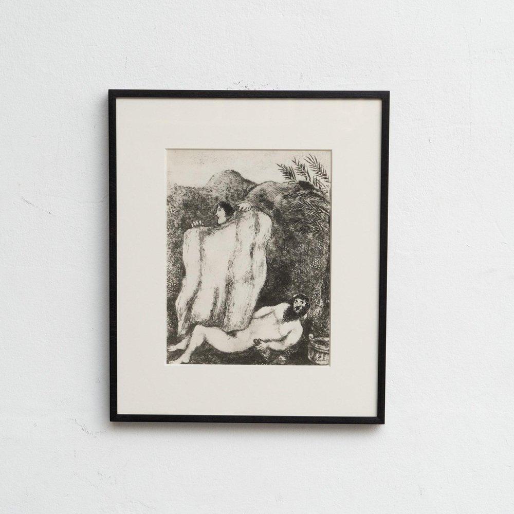 Discover a stunning black and white heliogravure print by the renowned Marc Chagall, capturing his unique interpretation of a biblical theme with his signature dreamlike style. 

This print is from the Verve publication series, originally featured