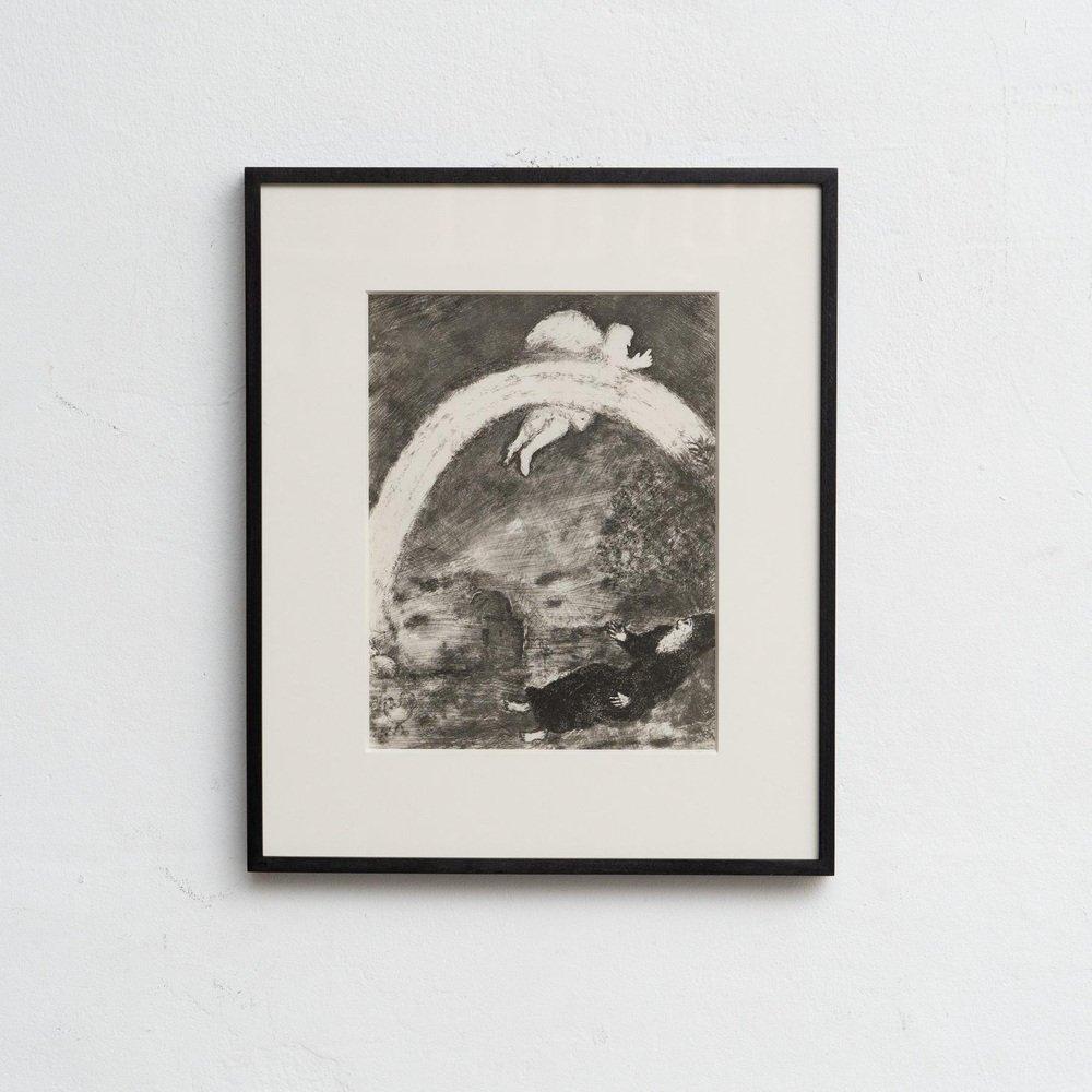 Discover a stunning black and white heliogravure print by the renowned Marc Chagall, capturing his unique interpretation of a biblical theme with his signature dreamlike style. 

This print is from the Verve publication series, originally featured