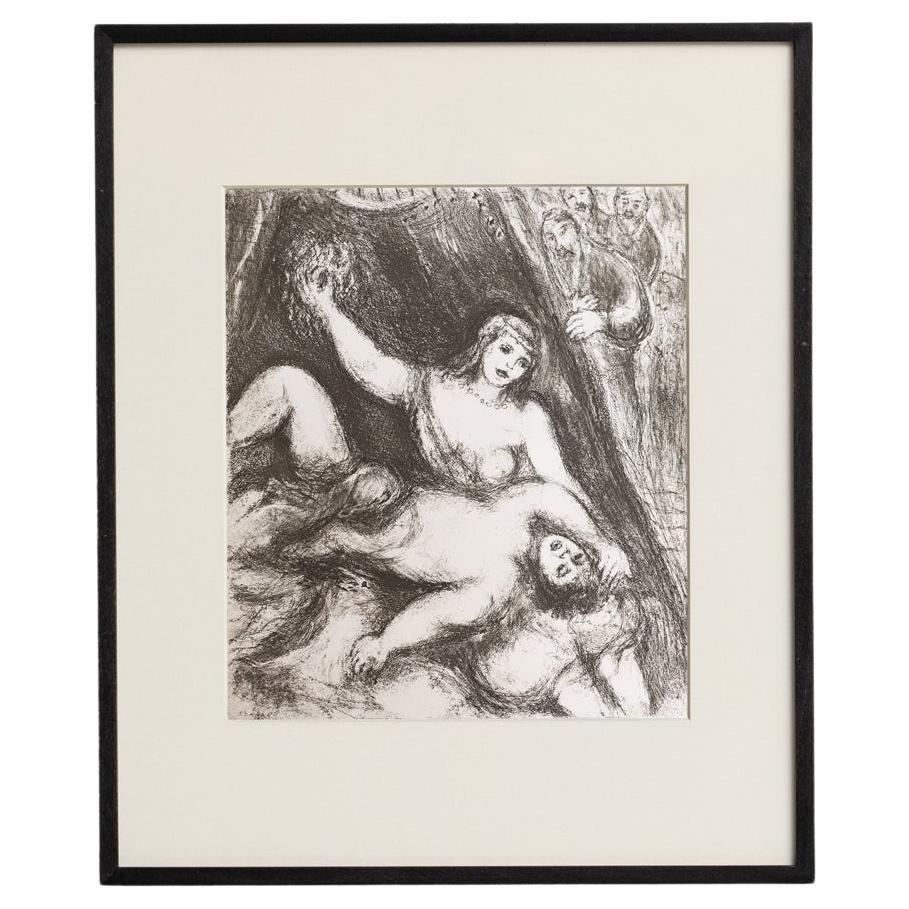 Discover a stunning black and white heliogravure print by the renowned Marc Chagall, capturing his unique interpretation of a biblical theme with his signature dreamlike style. 

This print is from the Verve publication series, originally featured