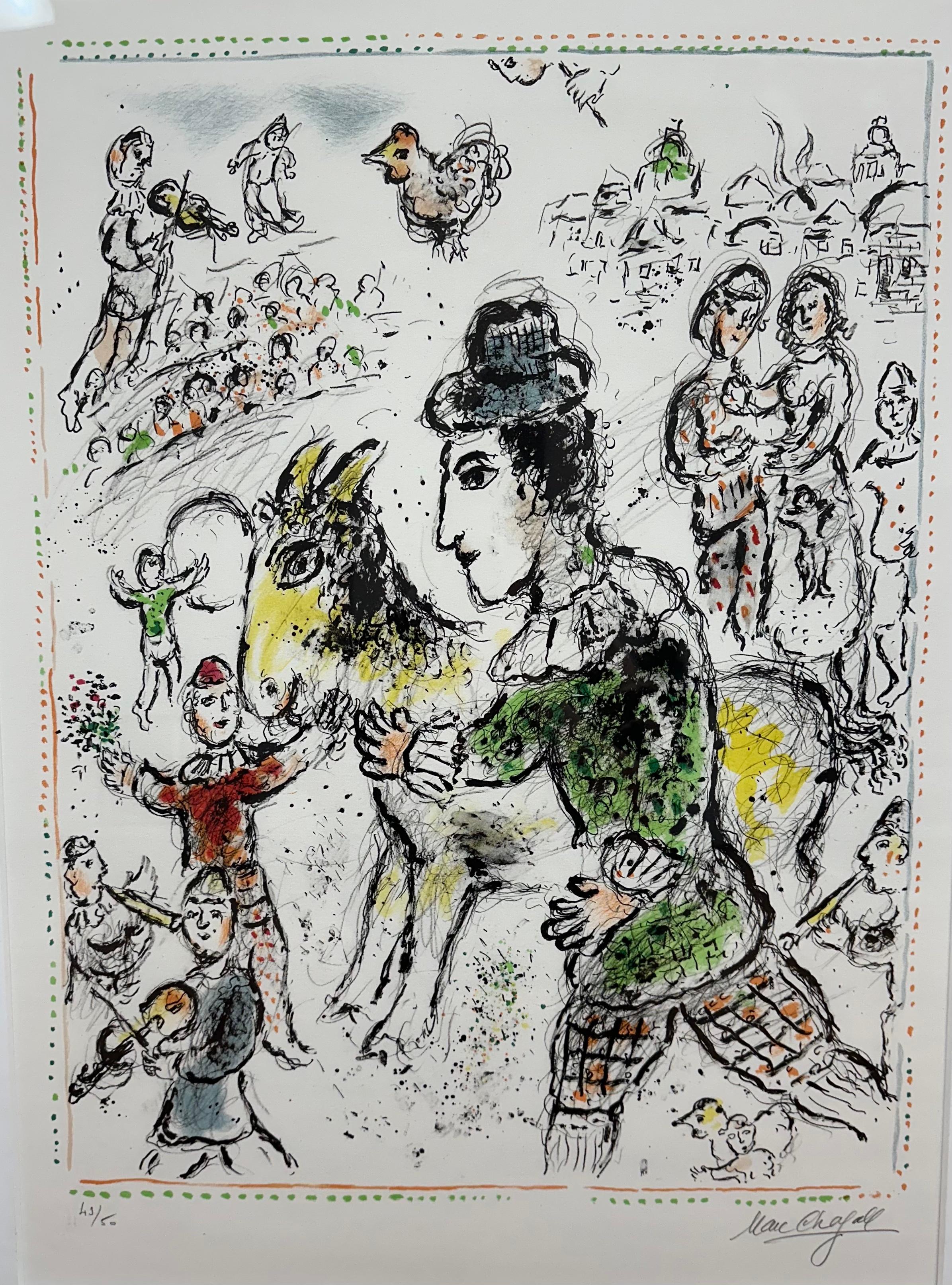 Marc Chagall
Clown a la chevre jaune, 1982
Original lithograph in colors on Arches paper
Hand signed in pencil and numbered 43/50 from the edition of 50
Dimensions: 35 x 23 inches
Frame Dimensions: 41 x 34 inches
*Custom framed to museum