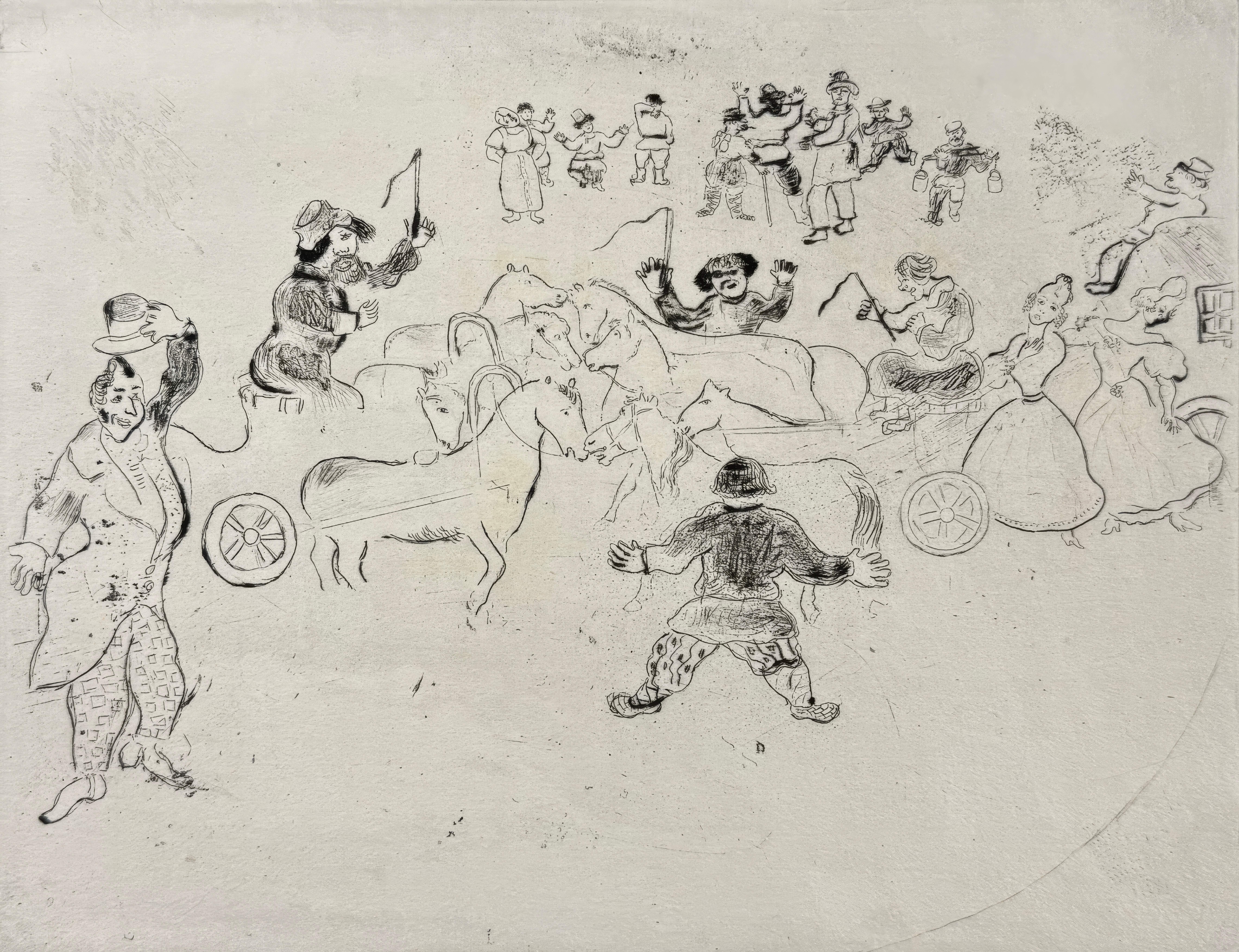 This exquisite etching by Marc Chagall (1887–1985), titled Collusion en chemin (Collision on the Road), originates from the celebrated folio Nicolas Gogol, Les Ames mortes, Eaux-fortes originales de Marc Chagall (Nicolas Gogol, Dead Souls, Original