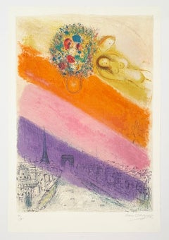 Lithographie en couleurs de Marc Chagall, 1955, signée, « Les Champs-Élysées »