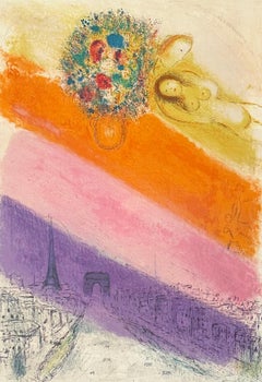 Lithographie en couleurs de Marc Chagall, 1955, signée, « Les Champs-Élysées »