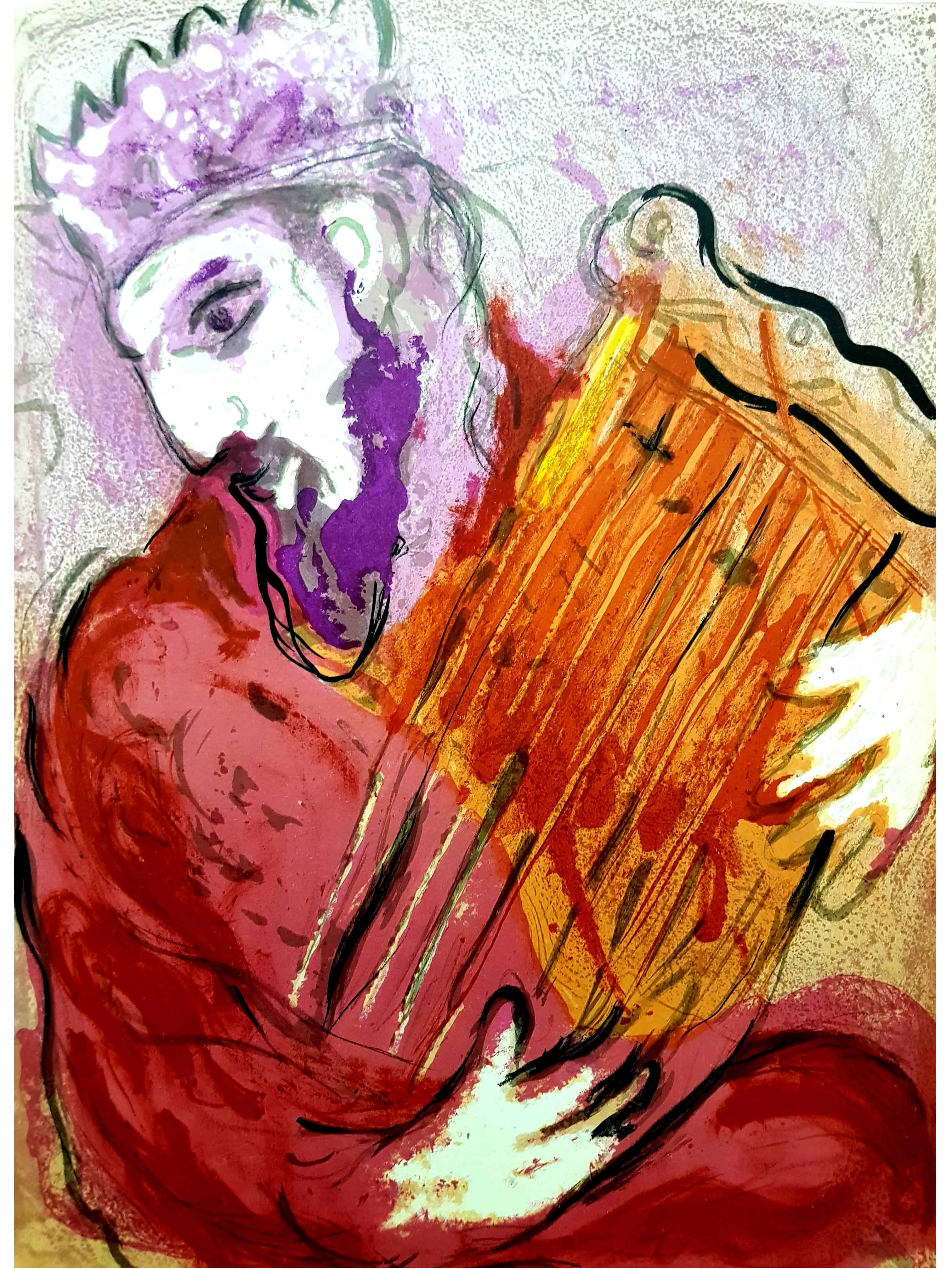 Marc Chagall, Original-Lithographie mit der Darstellung eines Augenblicks aus der Bibel.
Die Technik:	Originallithographie in Farben
Jahr:	1956
Größen:	35,5 x 26 cm / 14" x 10.2" (Blatt)
Veröffentlicht von:	Ausgaben der Revue Verve, Tériade,