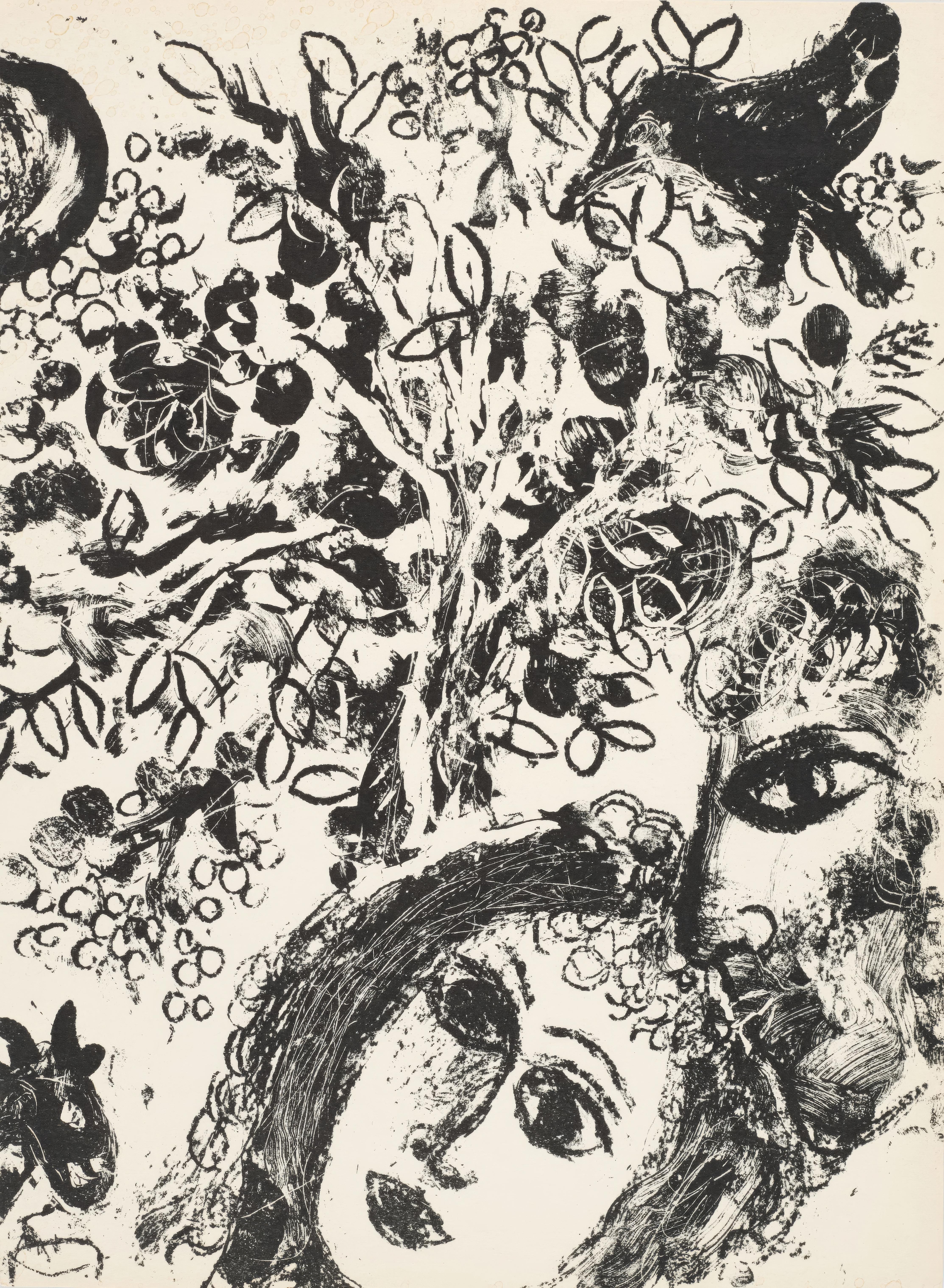 This exquisite lithograph by Marc Chagall (1887–1985), titled Couple devant l’arbre (Couple Before the Tree), from Chagall Lithographe I (Chagall Lithographer I), originates from the October 1960 issue published by Andre Sauret, Editeur,