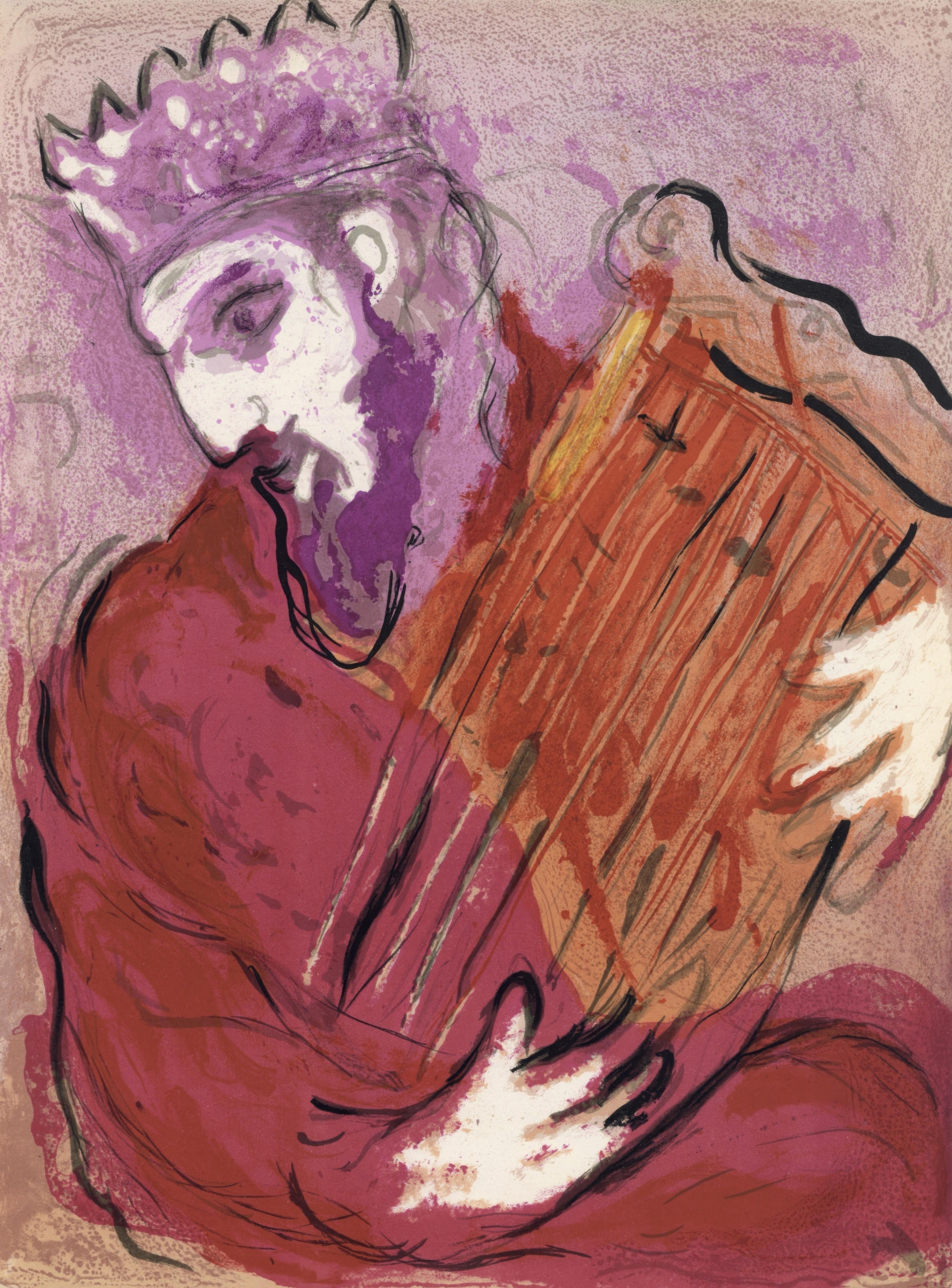 This exquisite lithograph by Marc Chagall (1887–1985), titled David a la harpe (David with the Harp), from Marc Chagall, Dessins Pour La Bible (Drawings for the Bible), Verve: Revue Artistique et Litteraire, Vol. X, No. 37-38, originates from the