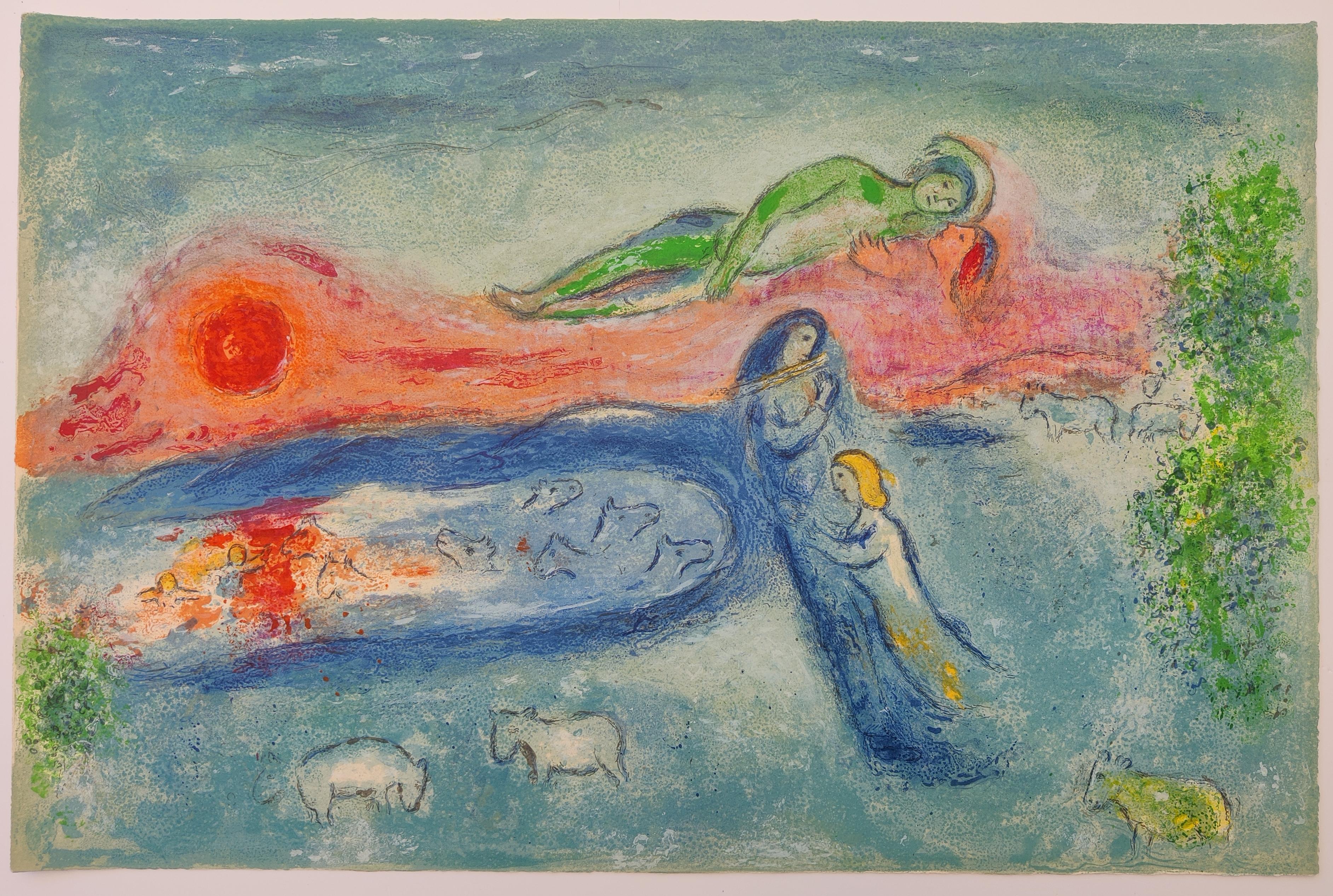 Marc Chagall
The Death of Dorcon, from Chagall's Daphnis and Chloé suite,  1961
Sheet size: 42 x 64 cm
Unsigned
From the book edition of 250 (there is also a signed and numbered edition of 60), on Arches wove paper
Printed by Mourlot,