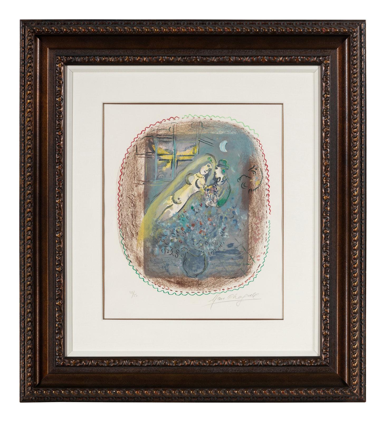 Marc Chagall  (French/Russian, 1887-1985)

"Dédicace" 

1968
Color lithograph

signed and numbered 28/50 in pencil
Image: 17 7/8 x 15 1/4 inches.
Framed: 38 x 34 1/4 x 2 1/4 inches.
Sheet: 24 3/8 x 18 5/8 inches.
Literature:
Mourlot 557

Provenance: