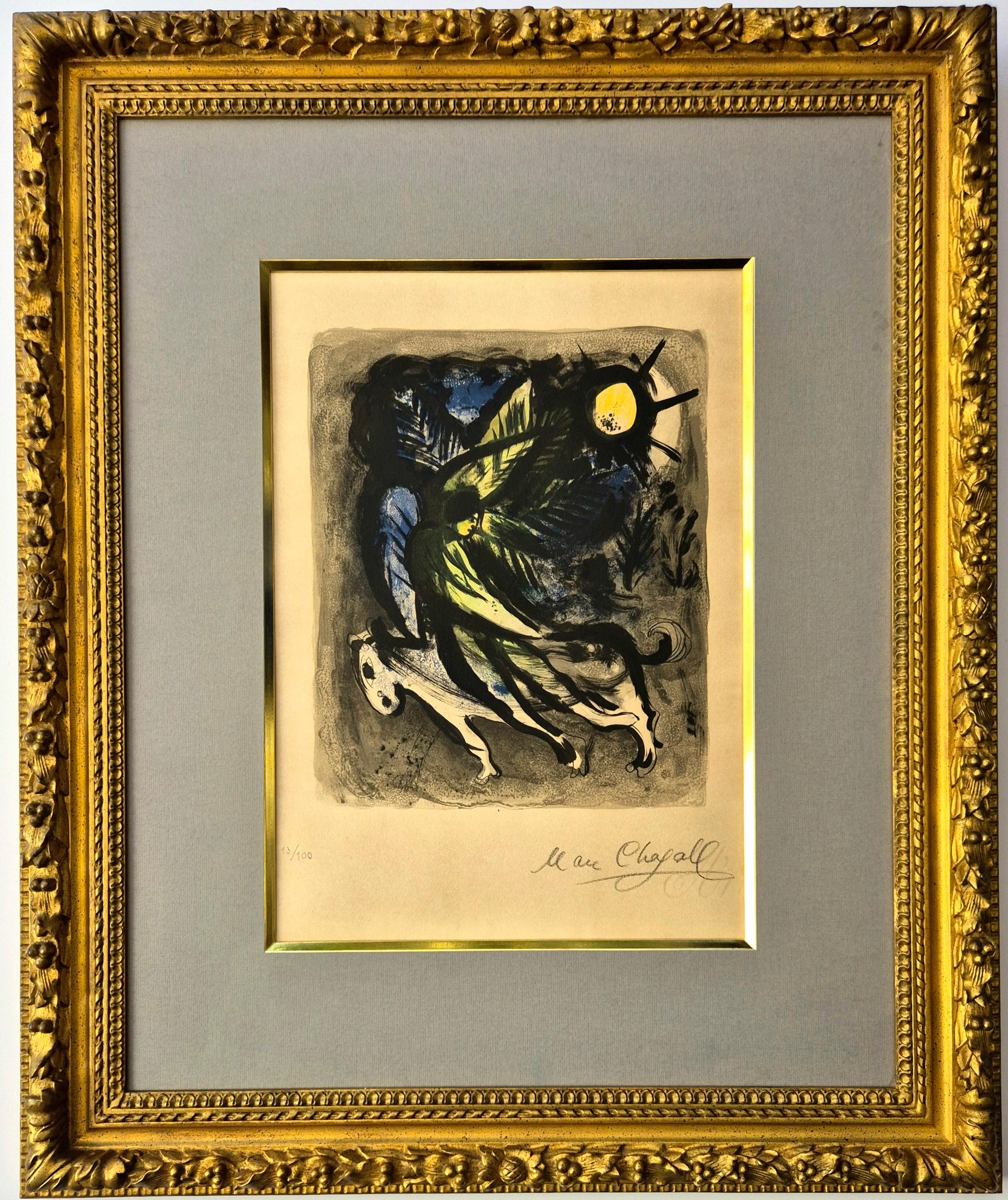 Marc Chagall
Der Engel (The Angel), 1960
Lithograph
Hand Signed lower right
Numbered 13/100 
Image size: 32x26.5 cm 
Frame size: 76 x 63.5 x 5 cm
Printed by Mourlot, Paris. 
Published by André Suaret, Paris. 
Reference Cramer 43 Mourlot 288.