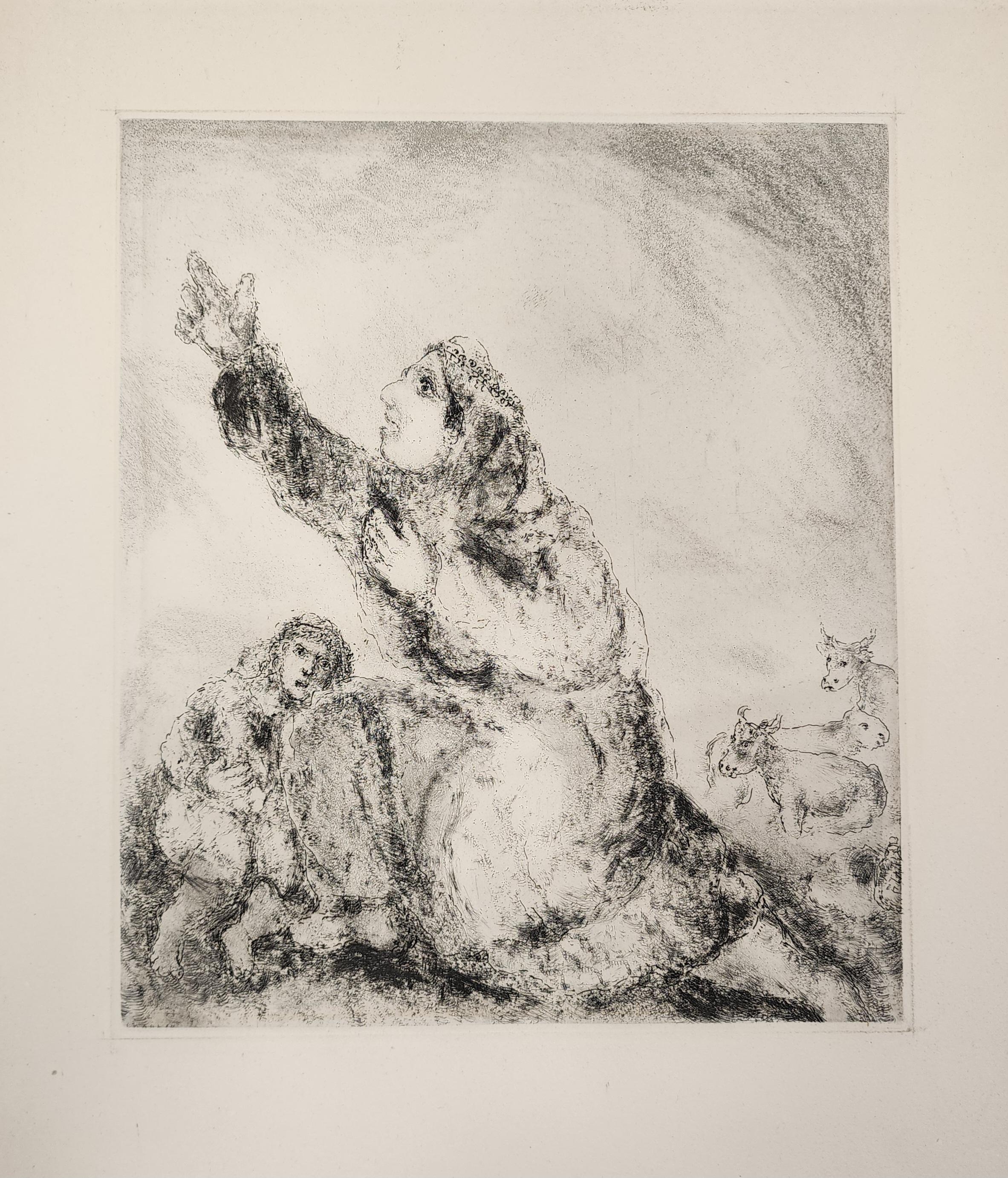 Artist: Marc Chagall
Title: Hannah Prays to The Lord
Year: 1956
Dimensions: 16.12" W: 12.37"
Medium: Etching, Unsigned
Condition: Excellent

After Chagall completed his etchings for The Fables (1930), Vollard again offered Chagall a commission, this