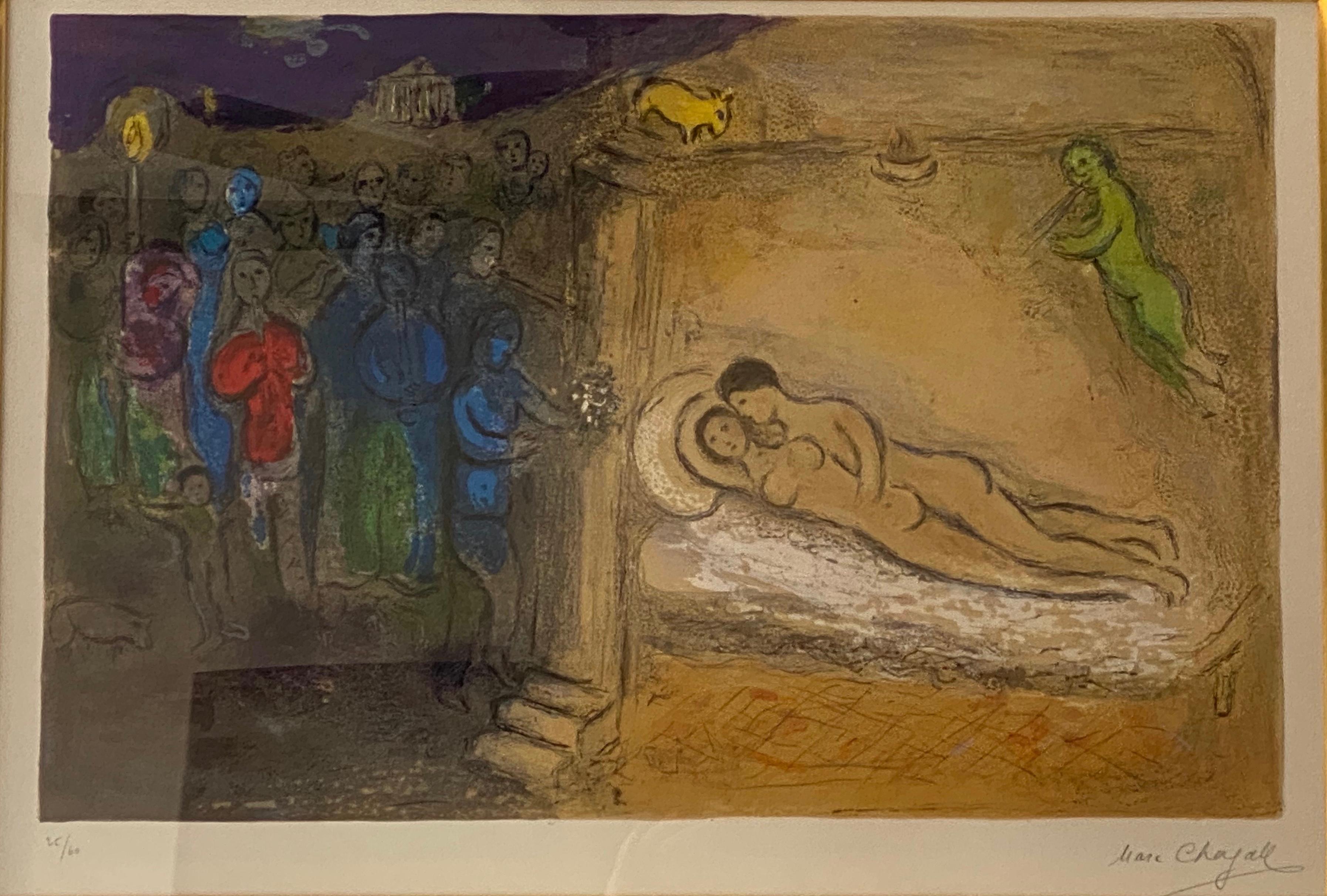 This piece is an original lithograph by Marc Chagall created in 1961. It was made to illustrate the book, Daphnis and Chloe, which consists of 42 original lithographs. This illustrated book is considered to be the most important group of graphic