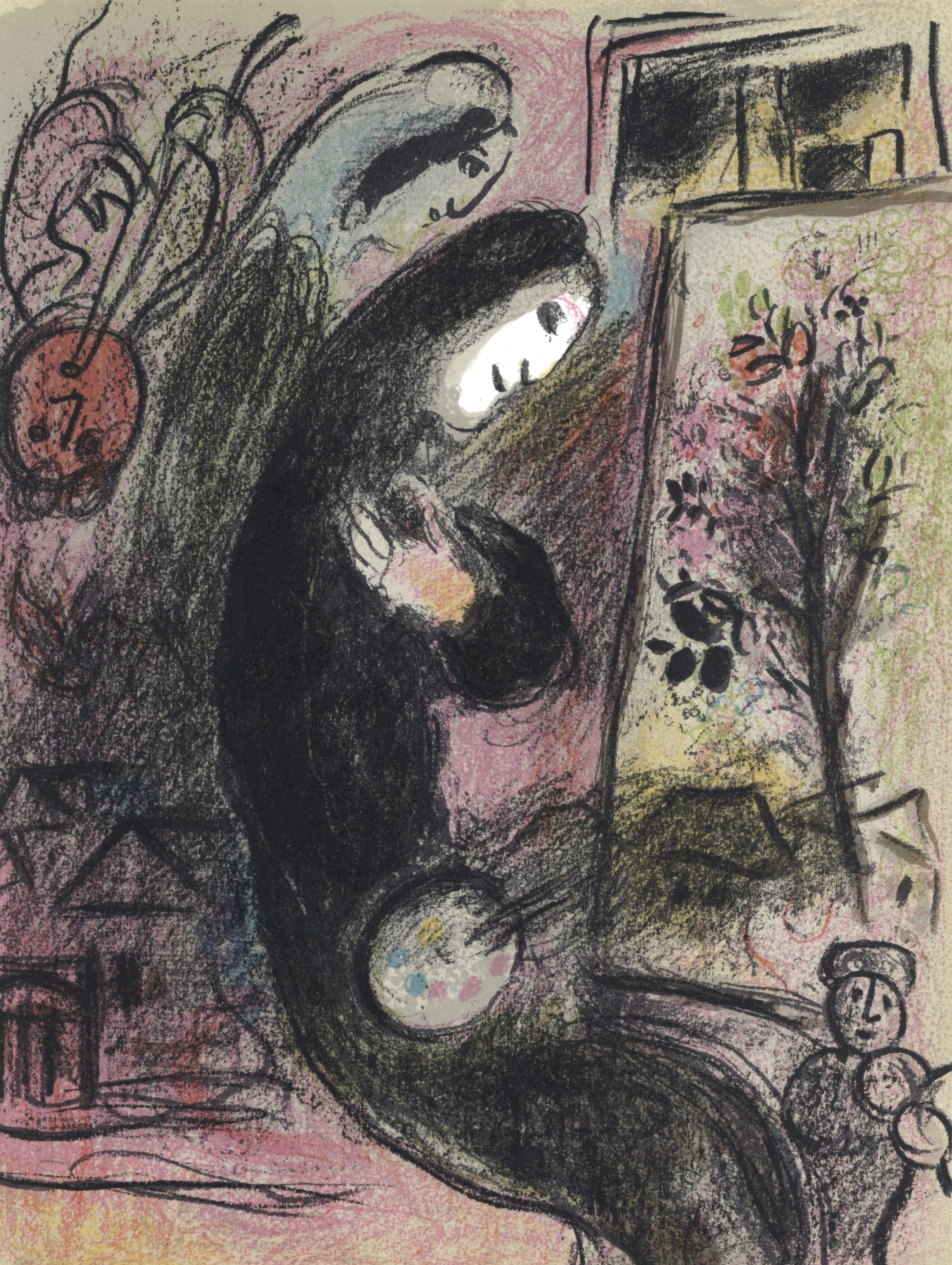 Cette exquise lithographie de Marc Chagall (1887-1985), intitulée L'Inspire, tirée de Chagall Lithographe II, provient du numéro de septembre 1963 publié par Andre Sauret, Editeur, Monte-Carlo, et imprimé par Mourlot Frères, Paris, 1963. Cette