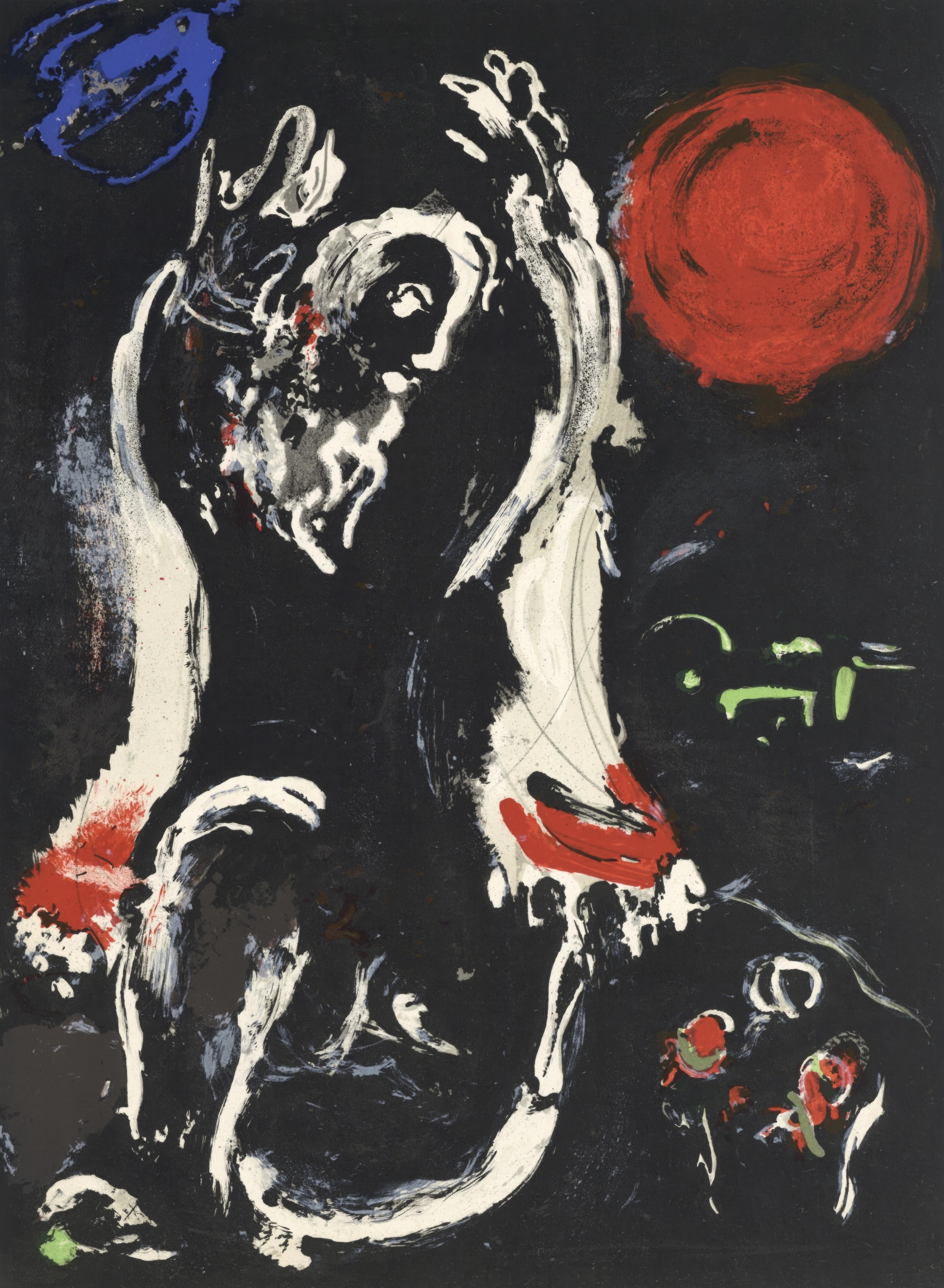 This exquisite lithograph by Marc Chagall (1887–1985), titled Isaie (Isaiah), from Marc Chagall, Dessins Pour La Bible (Drawings for the Bible), Verve: Revue Artistique et Litteraire, Vol. VIII, No. 33-34, originates from the September 1956 issue