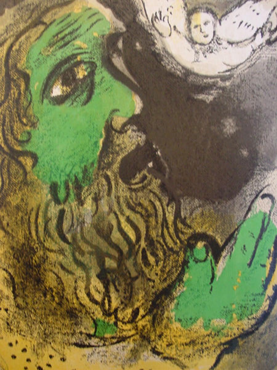 Marc Chagall Job Praying
Artist: Marc Chagall
Medium: Original lithograph
Title: Job Praying
Portfolio: Drawings for the Bible
Edition: Unnumbered
Signature: Unsigned
Year: 1960
Framed Size: 17" x 20 1/2"
Image Size: 10 1/4" x 14 3/8" 
Sheet Size: