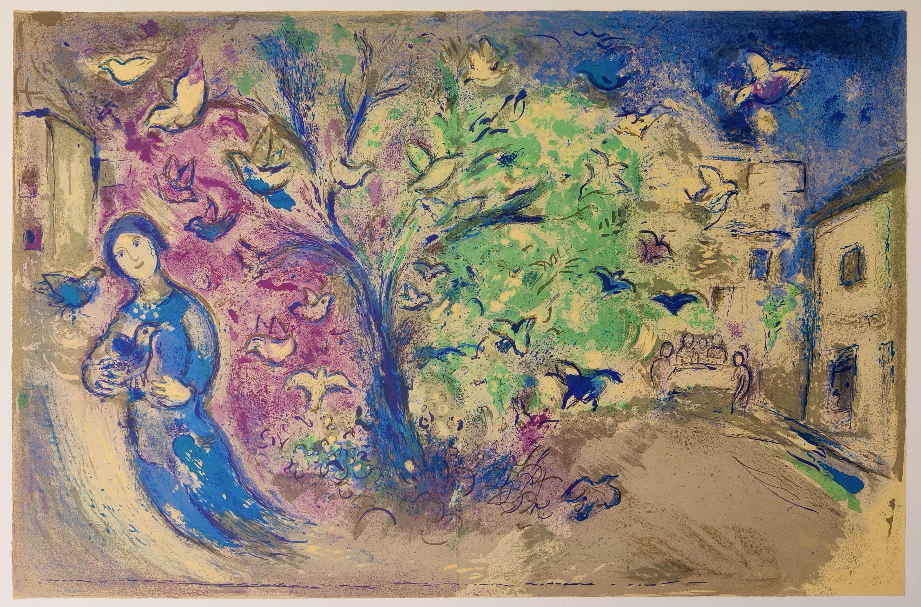 Marc Chagall 
Titel: La Chasse aux Oiseaux (Die Vogeljagd), aus Daphnis et Chloé, 1961
Farblithographie auf Arches-Papier
Gefaltet wie ausgegeben
Größe: 64 x 42 cm
Vorzeichenlos
Dies ist eine unsignierte Ausgabe aus der Gesamtauflage von 250 Stück.