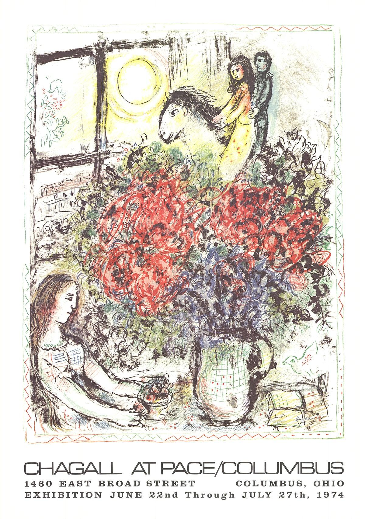 Dieser Druck von Marc Chagall in limitierter Auflage mit dem Titel La Chevauchée (Der Pferderitt) wurde von Pace Columbus anlässlich einer Ausstellung in der Galerie im Jahr 1979 veröffentlicht. Der Druck ist in der Platte signiert, d.h. die