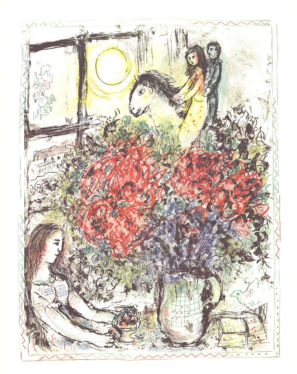 This limited edition print by Marc Chagall, titled "La Chevauchée" (The Horse Ride), was created for an exhibition held at Pace Columbus in 1979. The print is signed in the plate, meaning Chagall's signature is part of the original composition,