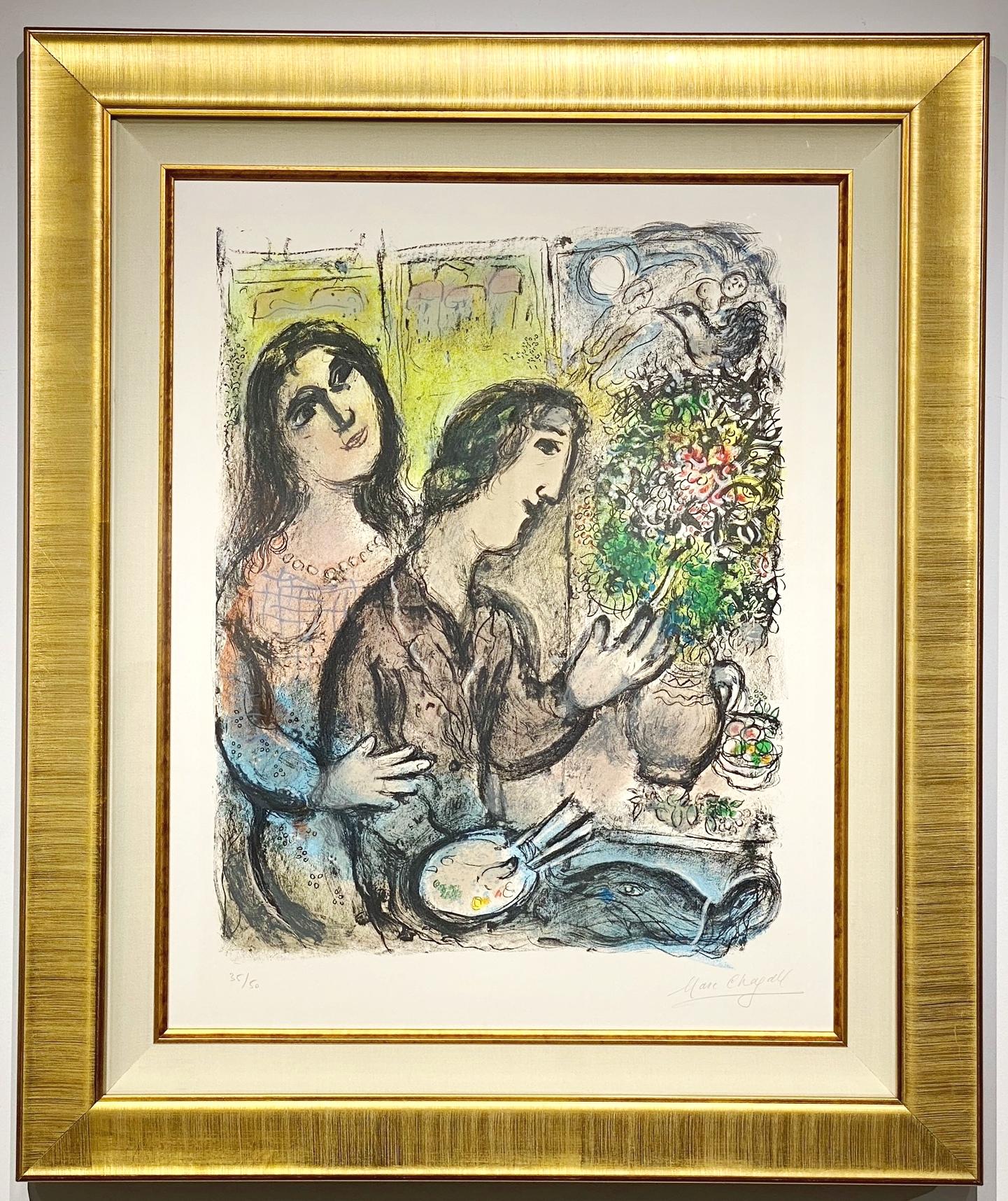 Marc Chagall (Russia/France 1887‑1985). 

”La Femme du Peintre”. 
Signed and numbered Marc Chagall 35/50. 
Color lithograph on Arches,  
Framed 39.25H x 33W x 2D inches  
Image 63 x 50 cm
Sheet Size 76 x 587.5 cm.
Year 1971

Mourlot 630