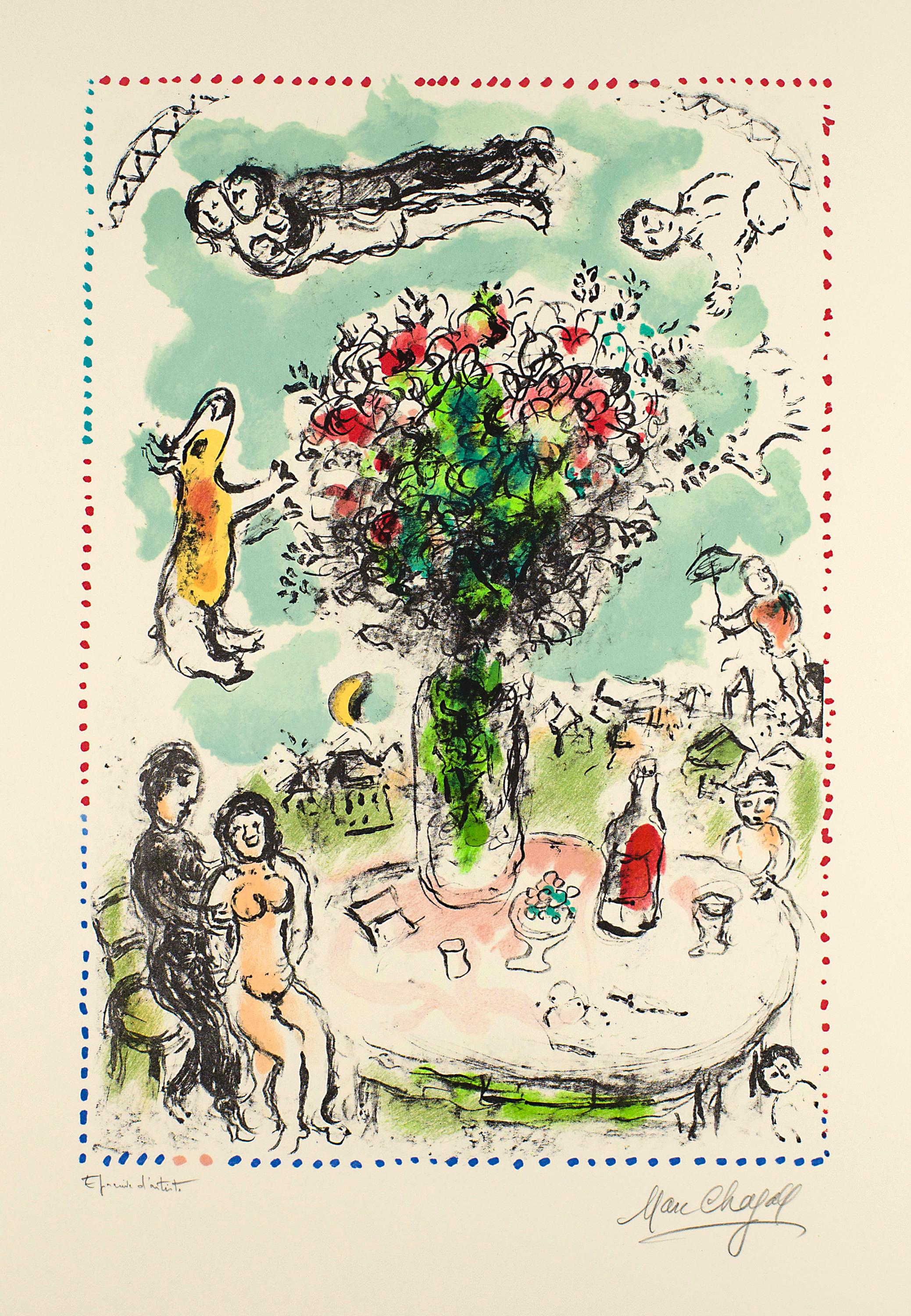 MARC CHAGALL (1887-1985)
“La Table des amant”
Colour lithograph, November 1983,
47x32 cm, image 65 x 47, 5 cm, sheet size 47 x 32 cm, image: 65 x 47, 5cm, sheet size.
Signature: Lower right signed by the artist in pencil
 “Marc Chagall”, left