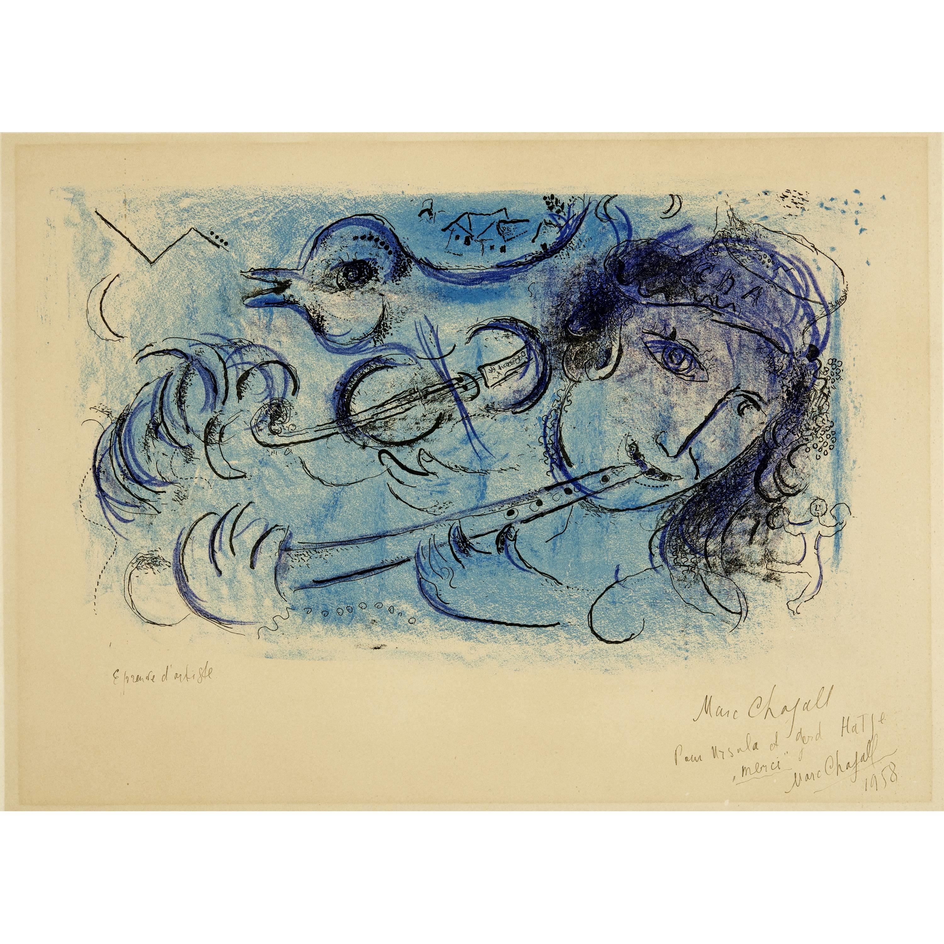 MARC CHAGALL  « Le joueur de flûte » - Beige Figurative Print par Marc Chagall