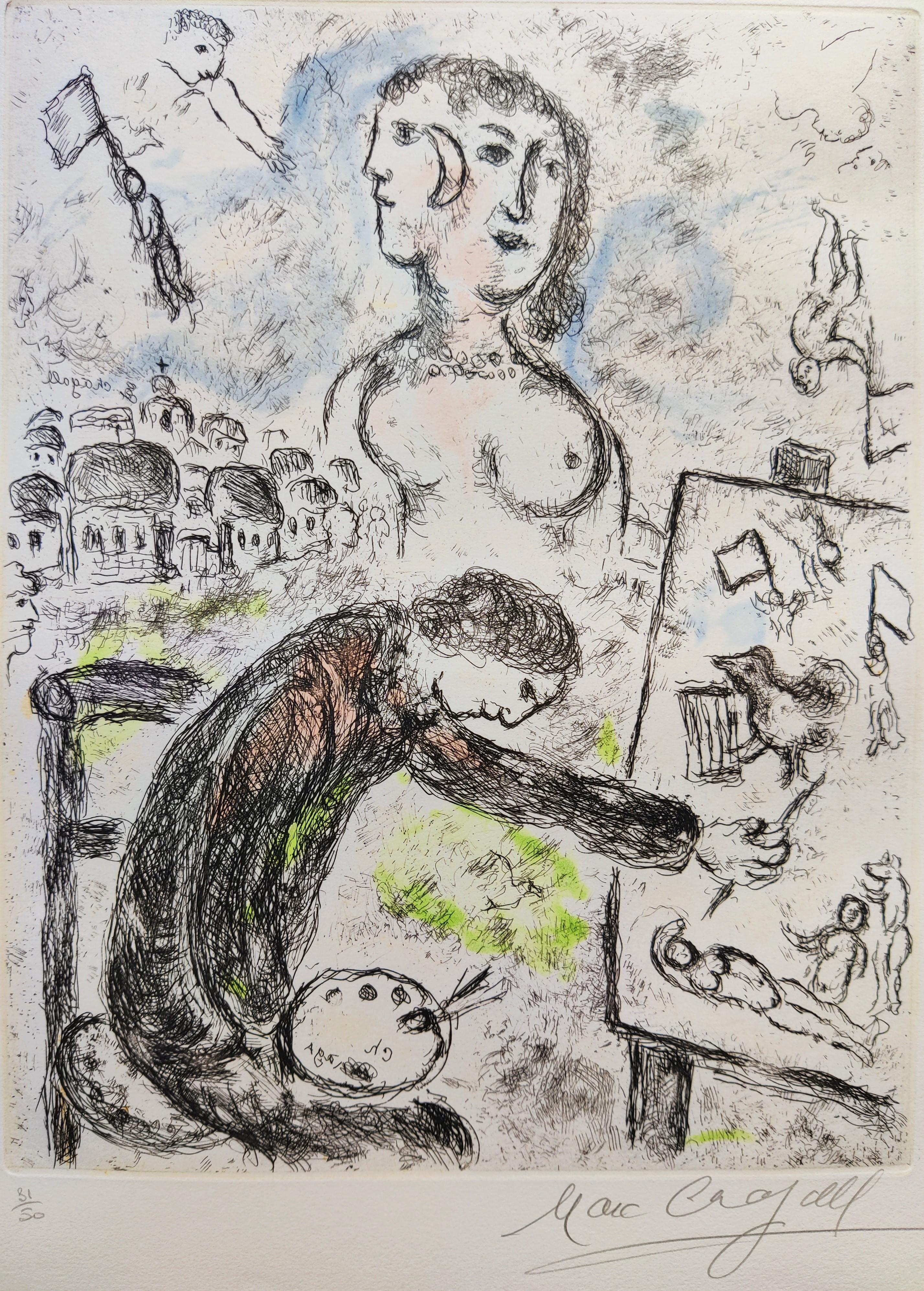 Marc Chagall
Le Peintre, from Songes (cf. C. books 112)
etching with aquatint in colours, 1981, 
Signed low right
Edition  31/50
Published by G. Cramer, Geneva, with wide margins
Image  30 x 23.5 cm
Sheet  52 x 37.5 cm.
Unframed 
Framing is an