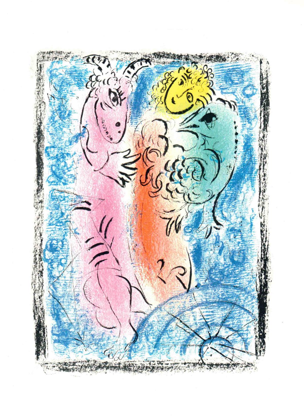 Book page 179 in Chagall Lithographe II (1957-1962) Reproduction of lithograph created in 1962. 

Book text in French by Fernand Mourlot. It is the second of five catalogues. This edition covers twelve lithographs of Chagall from 1957 through 1962