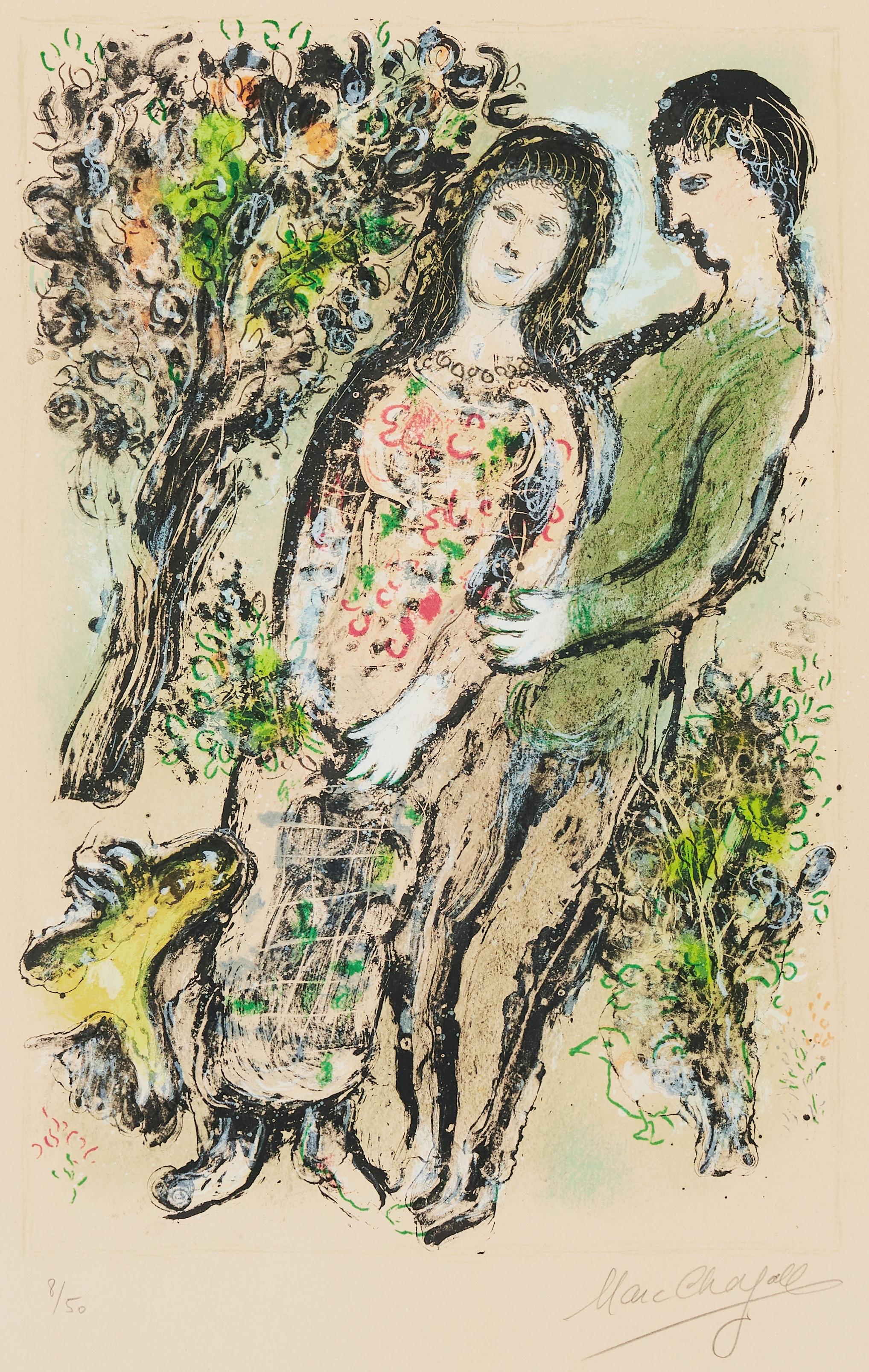 Marc Chagall (Russia/France 1887‑1985). 

”L’Oranger”. 

Year 1975

Signed and numbered Marc Chagall 8/50. Colour lithograph printed on Arches.
Framed 35.5H x 28W x 2D Inches
Illustration Size 48 x 32 cm
Sheet Size 65 x 47 cm.

Mourlot 737

Marc