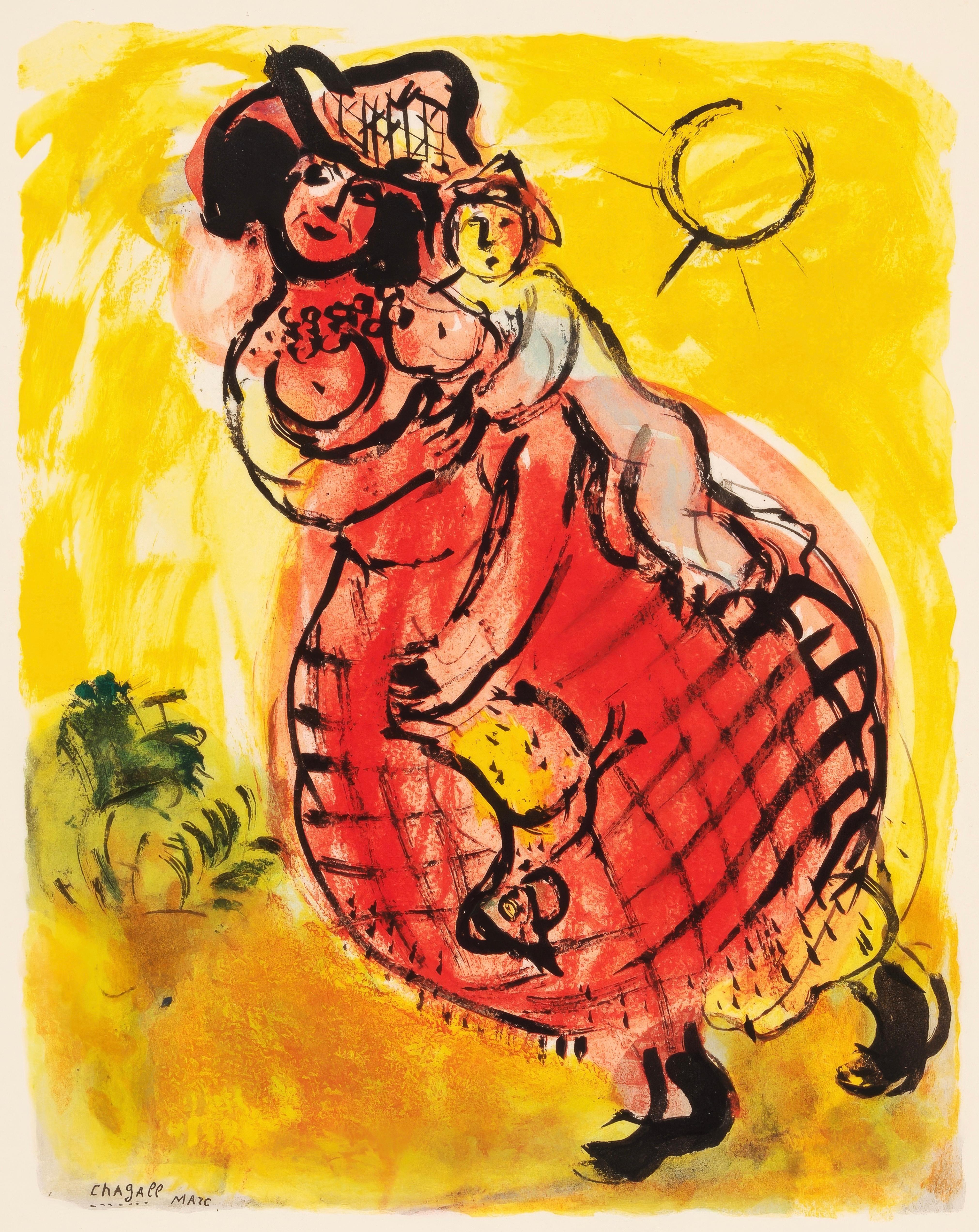 This exquisite lithograph and pochoir after Marc Chagall (1887–1985), titled Paysanne Mexicaine (Mexican Peasant Woman), from the folio Couleur amour, 13 Aquarelles, Gouaches, Lavis (Color of Love, 13 Watercolors, Gouaches, Washes), originates from
