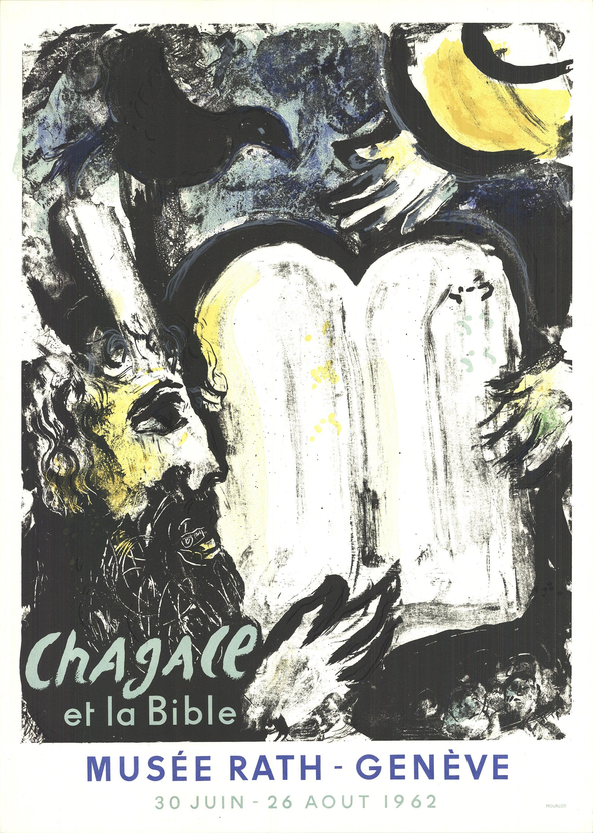 Original-Ausstellungsplakat, entworfen von Marc Chagall für die Ausstellung „Chagall et la Bible“, die vom 30. Juni bis zum 26. August 1962 im Musée Rath in Genf stattfand. Diese Lithografie, die in den legendären Mourlot-Ateliers in Paris gedruckt