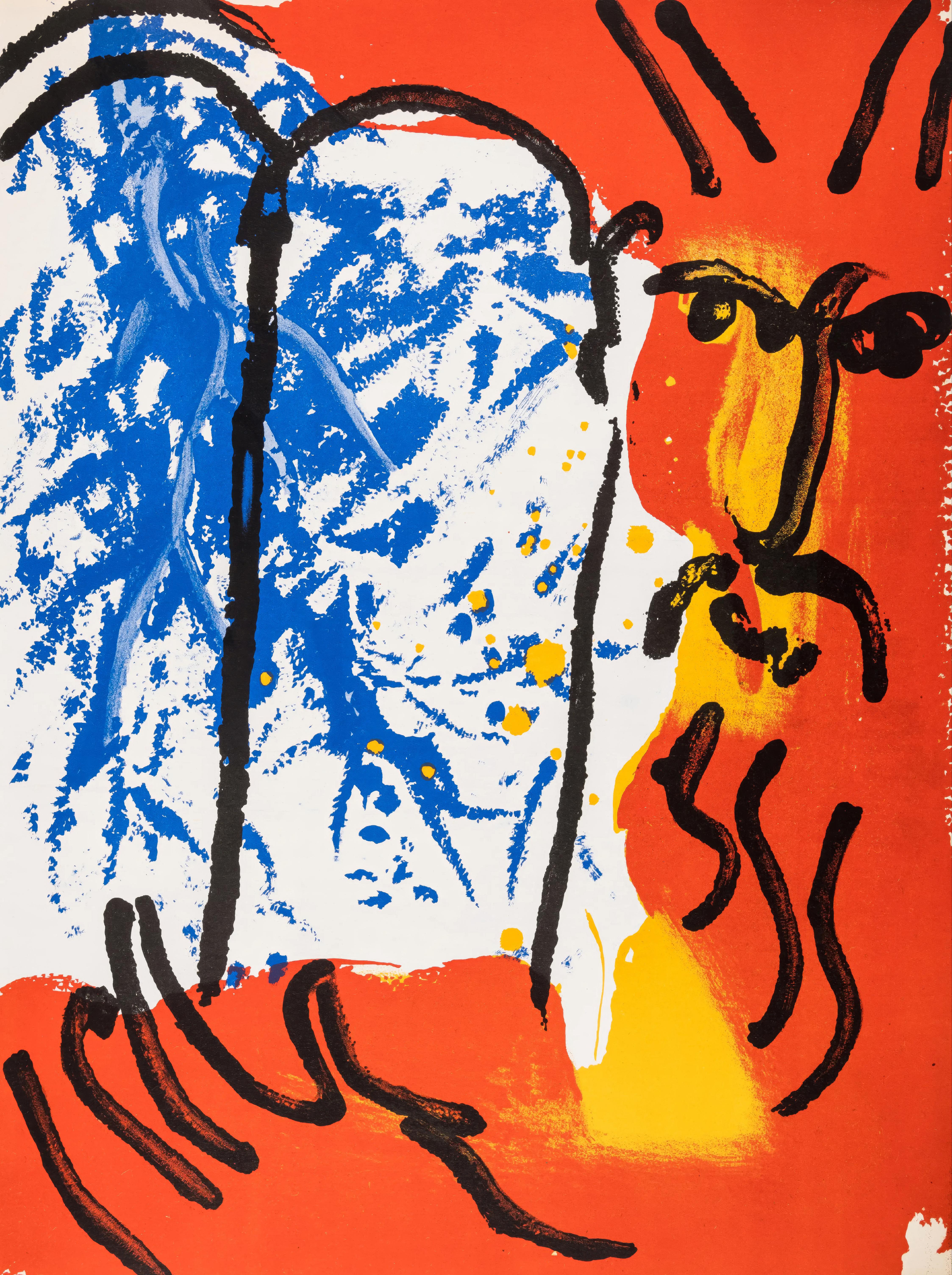 This exquisite lithograph by Marc Chagall (1887–1985), titled Moise I (Moses I), from Marc Chagall, Dessins Pour La Bible (Drawings for the Bible), Verve: Revue Artistique et Litteraire, Vol. X, No. 37-38, originates from the July 29, 1960 issue