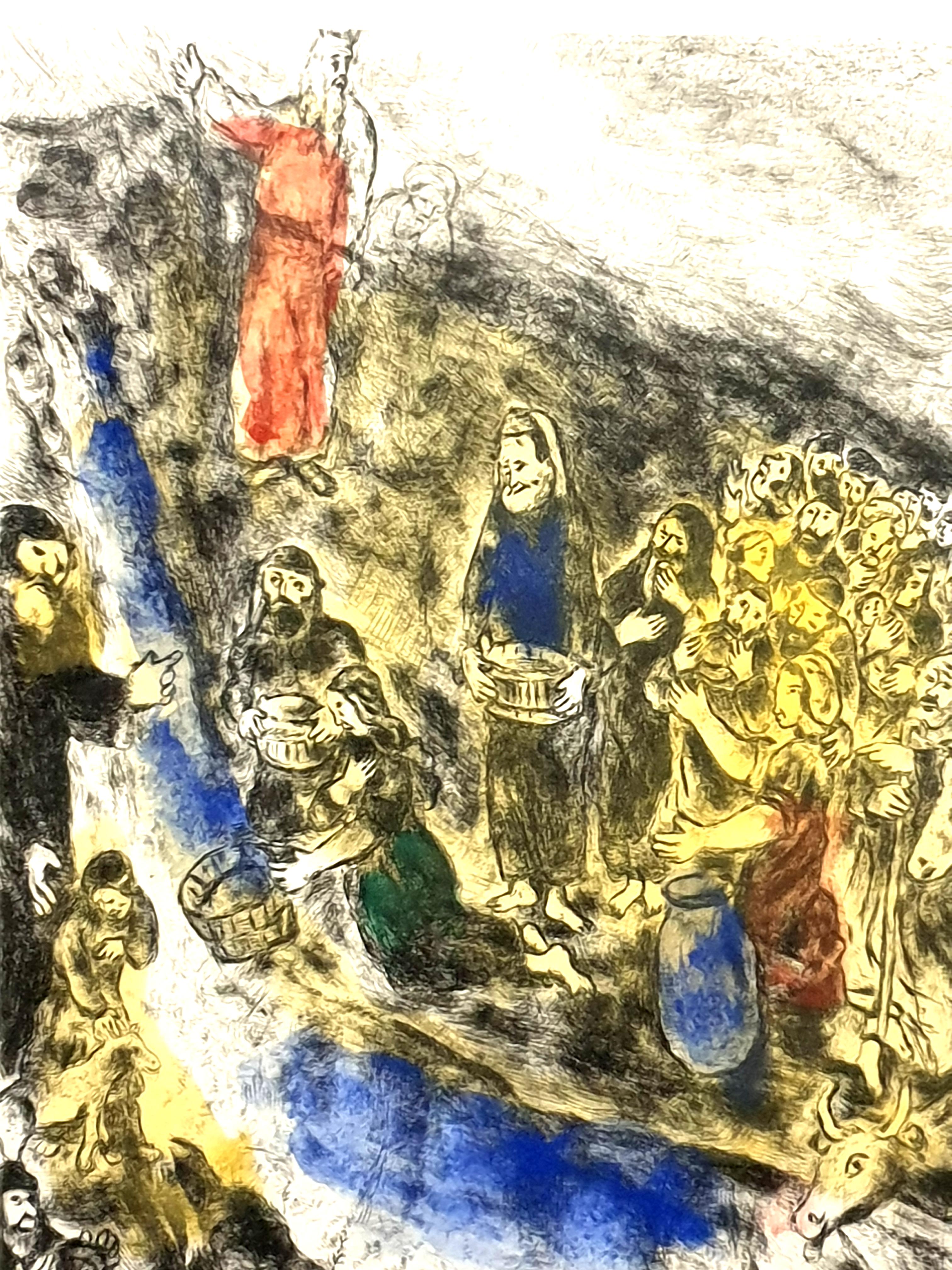 Marc Chagall - Moïse faisant jaillir l'eau du rocher - Gravure originale signée à la main
1958
Imprimé par Tériade
Dimensions : 54 x 39 cm 
Signé et numéroté à la main 
coloré à la main
Edition : 100
Référence : Cramer 30. 

Marc Chagall  (né en