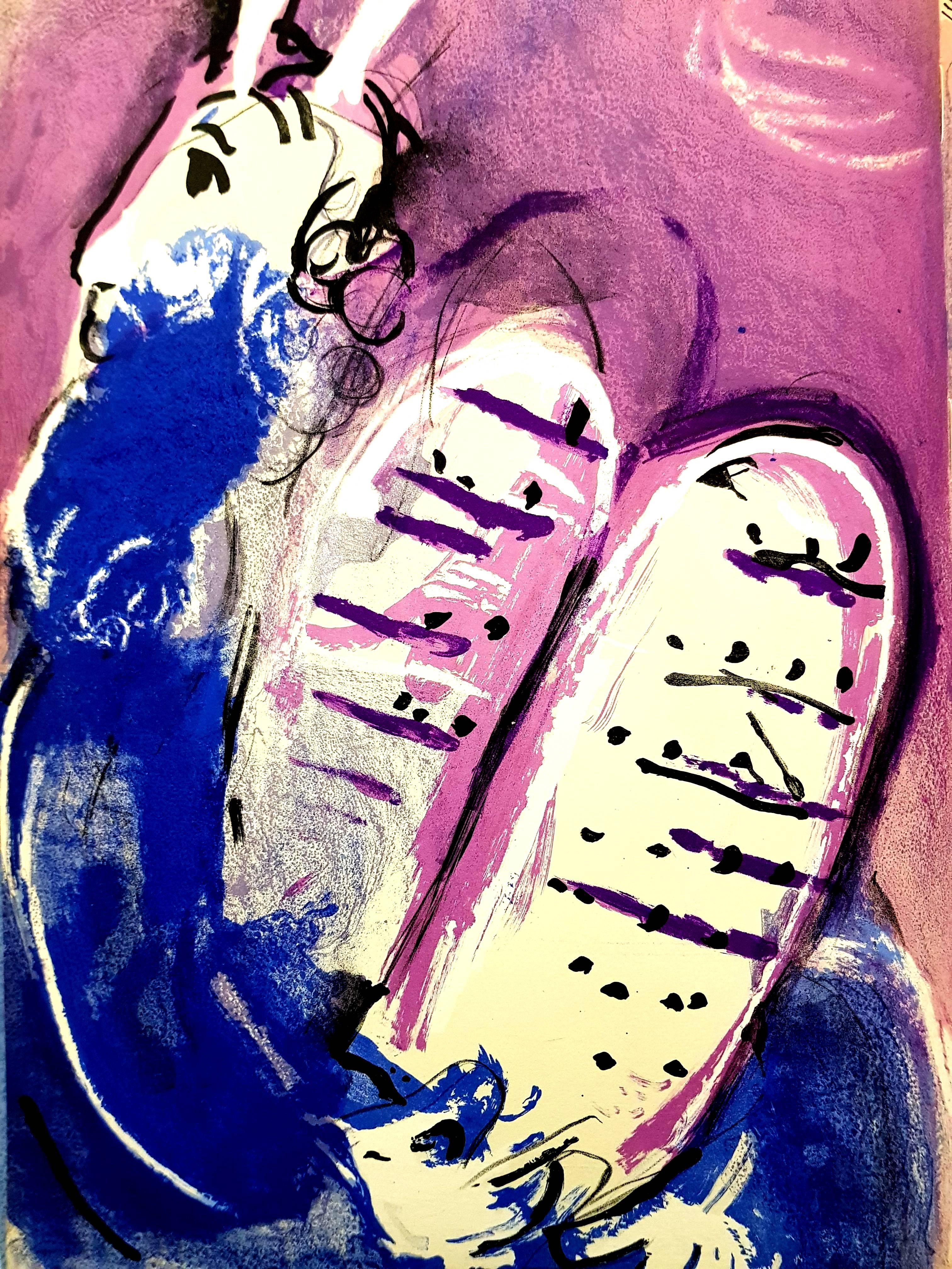 Marc Chagall, Original-Lithographie mit der Darstellung eines Augenblicks aus der Bibel.
Die Technik:	Originallithographie in Farben
Jahr:	1956
Größen:	35,5 x 26 cm / 14" x 10.2" (Blatt)
Veröffentlicht von:	Editionen der Verve-Reihe, Tériade,