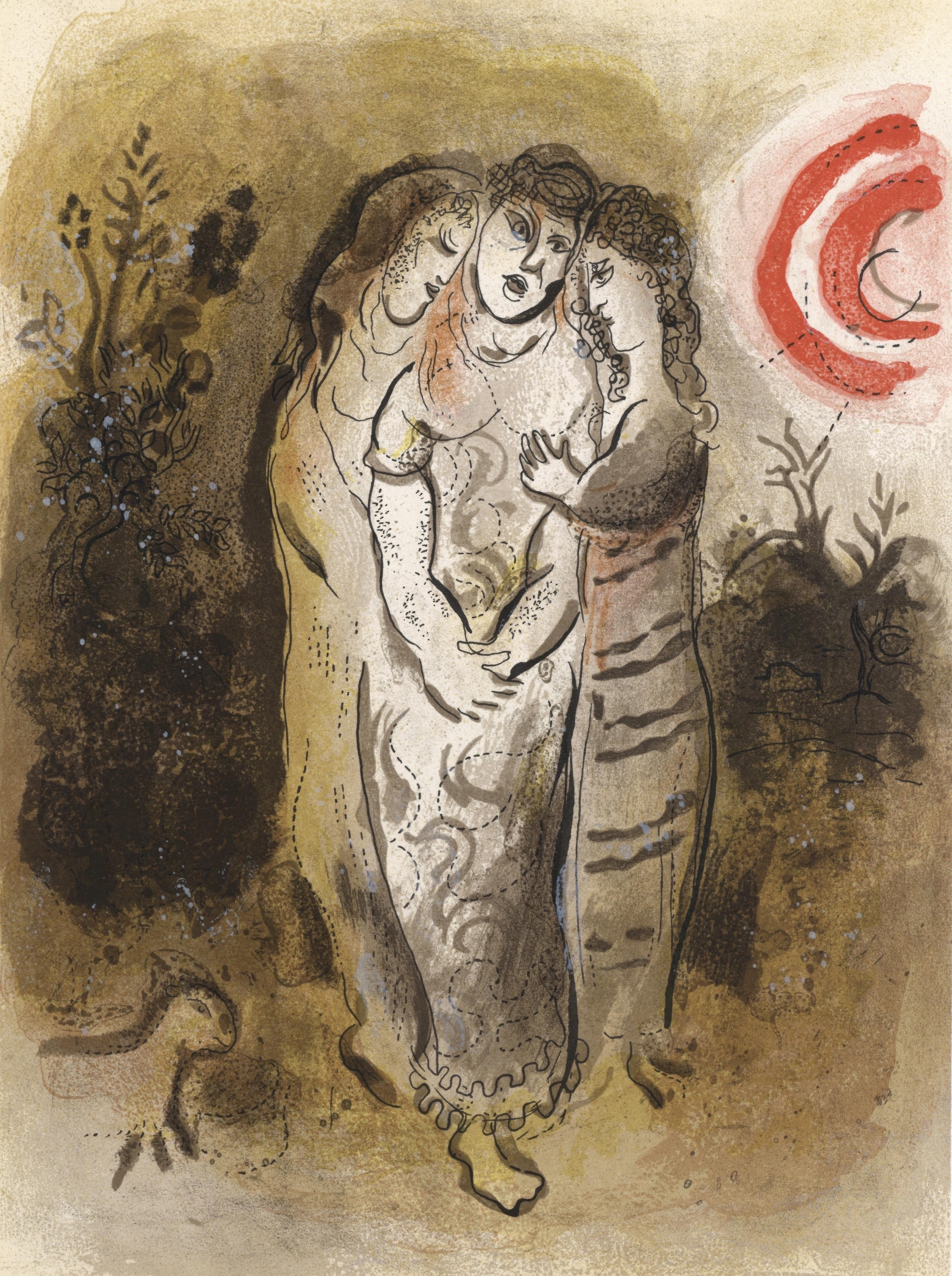 This exquisite lithograph by Marc Chagall (1887–1985), titled Noemie et ses Belles-Filles (Naomi and Her Daughters-in-Law), from Marc Chagall, Dessins Pour La Bible (Drawings for the Bible), Verve: Revue Artistique et Litteraire, Vol. X, No. 37-38,