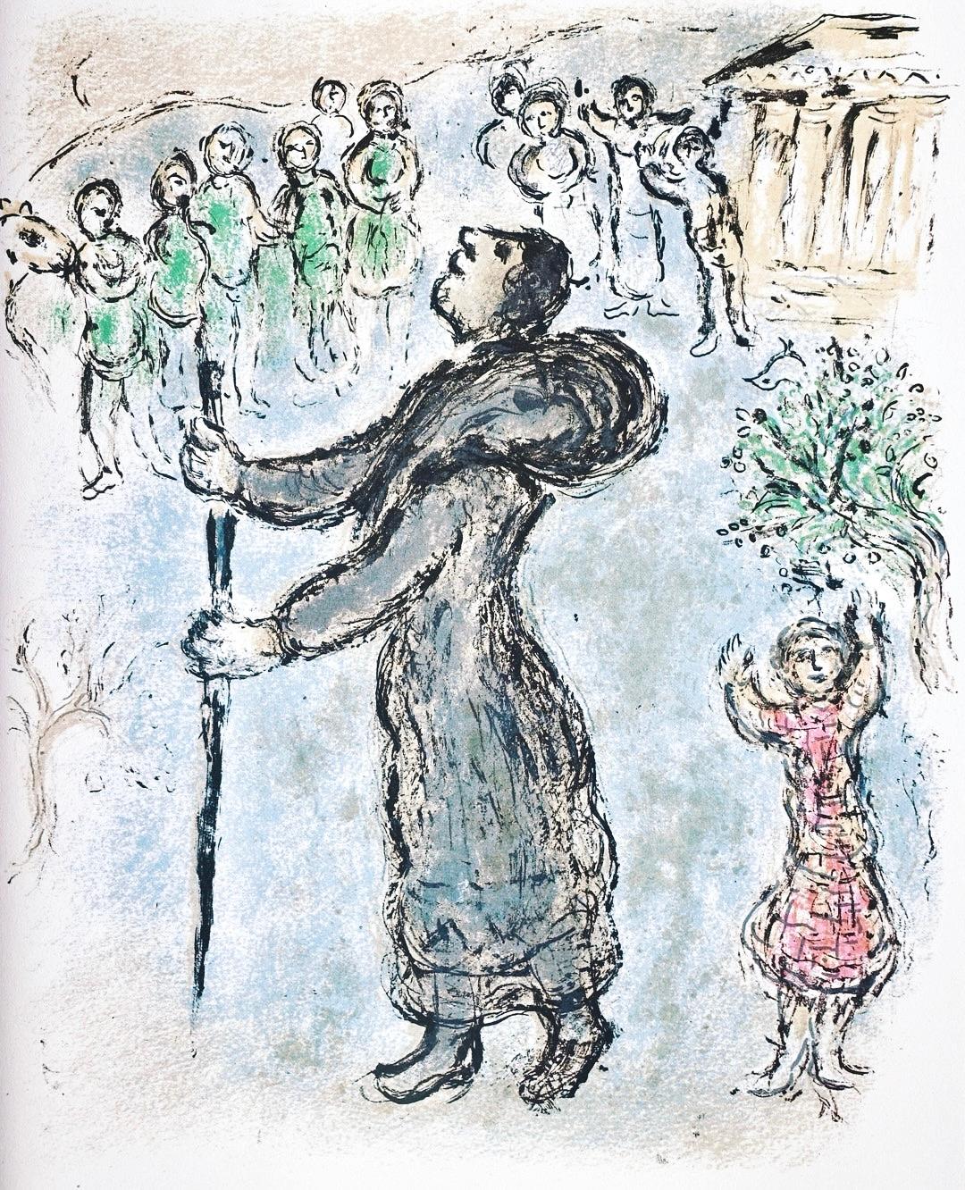 This exquisite lithograph after Marc Chagall (1887–1985), titled Odysseus als Bettler verkleidet (Odysseus Disguised as a Beggar), from Homer, Die Odyssee (The Odyssey), originates from the 1989 German-language folio published by Daco-Verlag Gunter