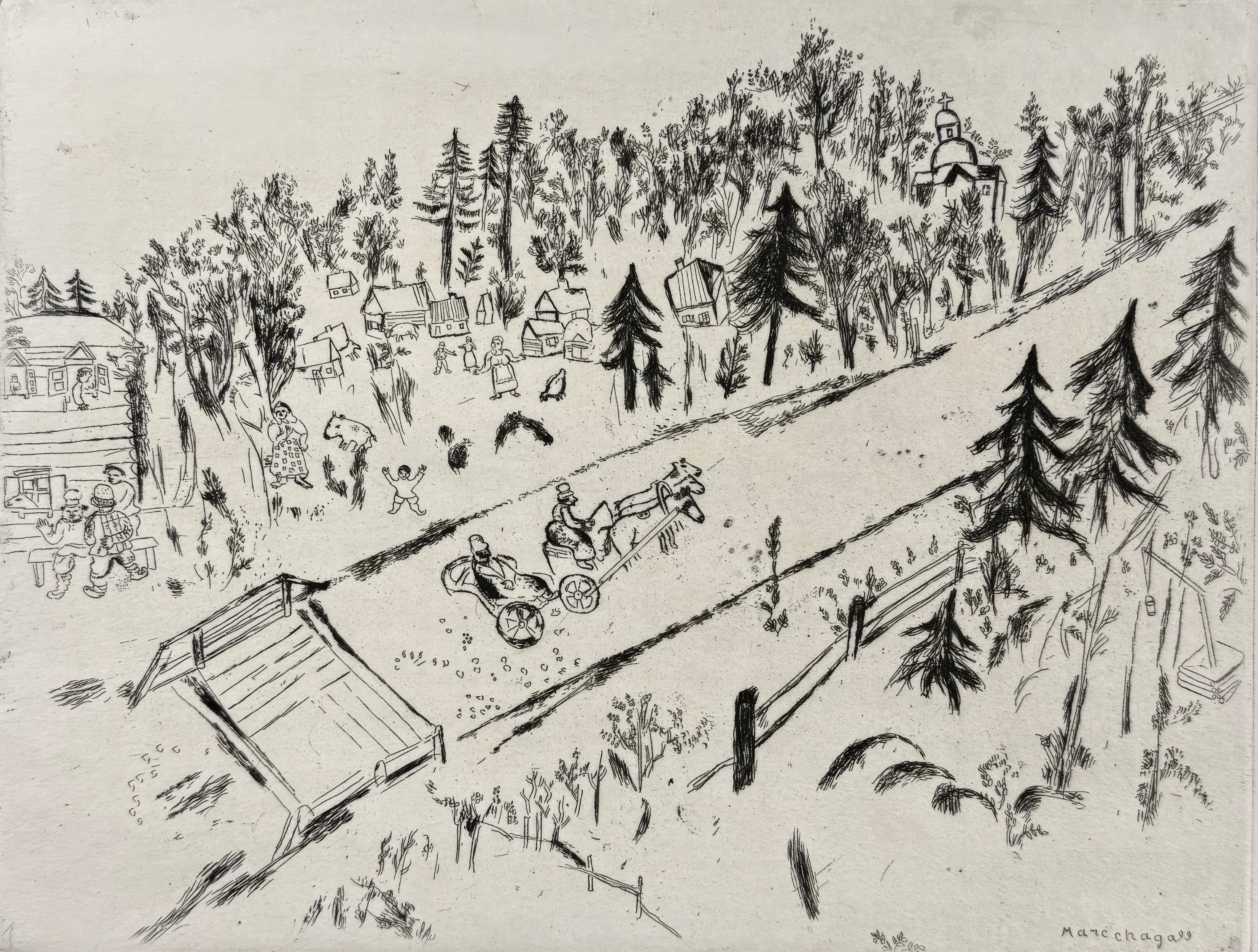 This exquisite etching by Marc Chagall (1887–1985), titled En chemin (On the Road), originates from the celebrated folio Nicolas Gogol, Les Ames mortes, Eaux-fortes originales de Marc Chagall (Nicolas Gogol, Dead Souls, Original Etchings by Marc