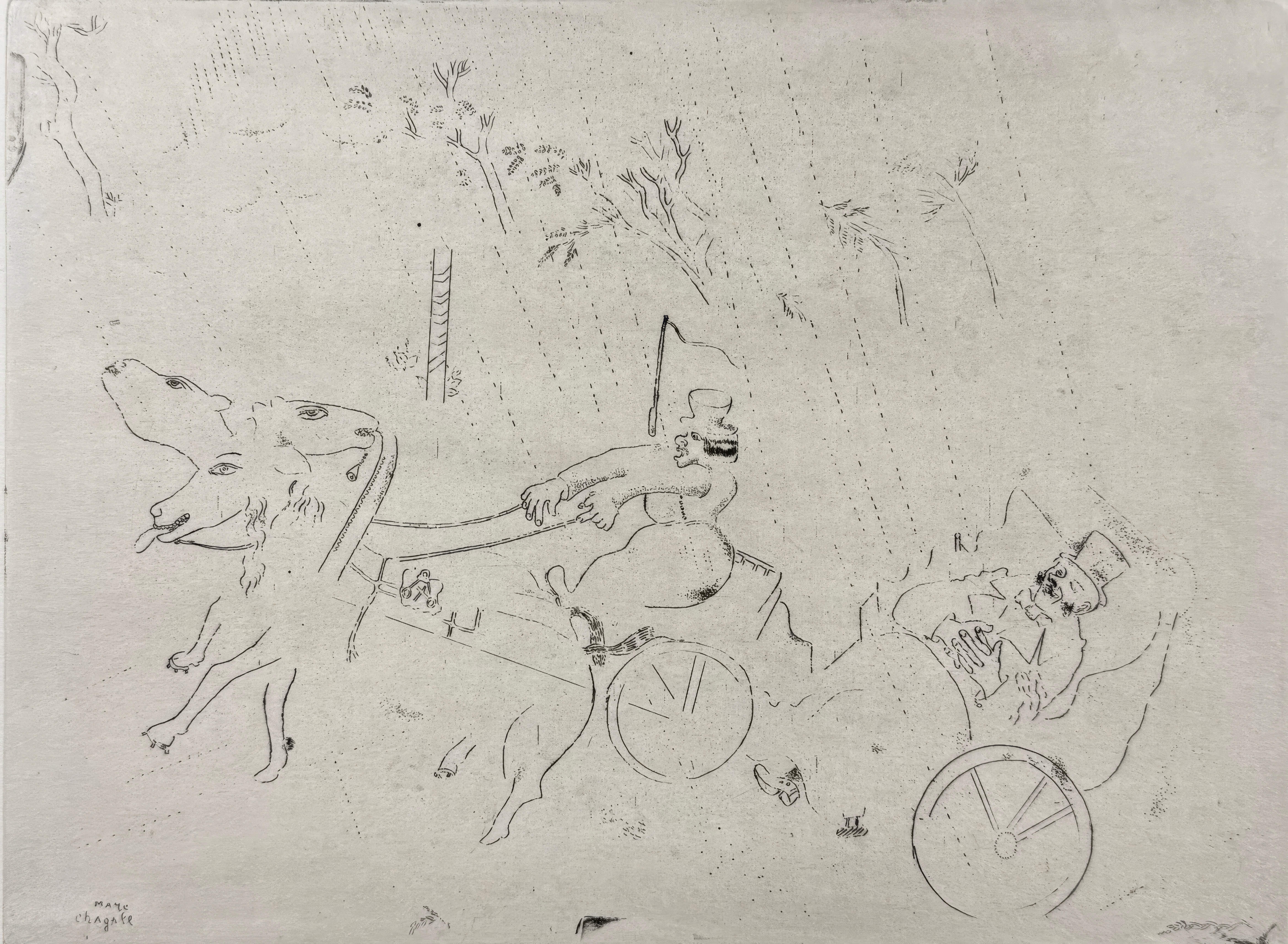 This exquisite etching by Marc Chagall (1887–1985), titled En route vers Sobakevitch (On the Road to Sobakevitch), originates from the celebrated folio Nicolas Gogol, Les Ames mortes, Eaux-fortes originales de Marc Chagall (Nicolas Gogol, Dead