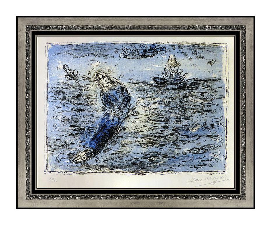 Marc Chagall Landscape Print - Marc CHAGALL Original Color Lithograph Hand Signed Jonas Sur Fond Bleu Artwork