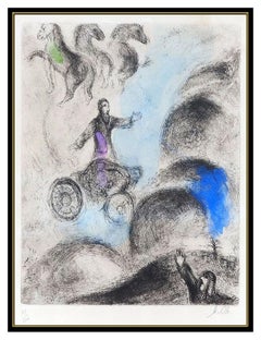Marc Chagall Original Hand Colored Etching Signed Elijah Carried To Heaven Art