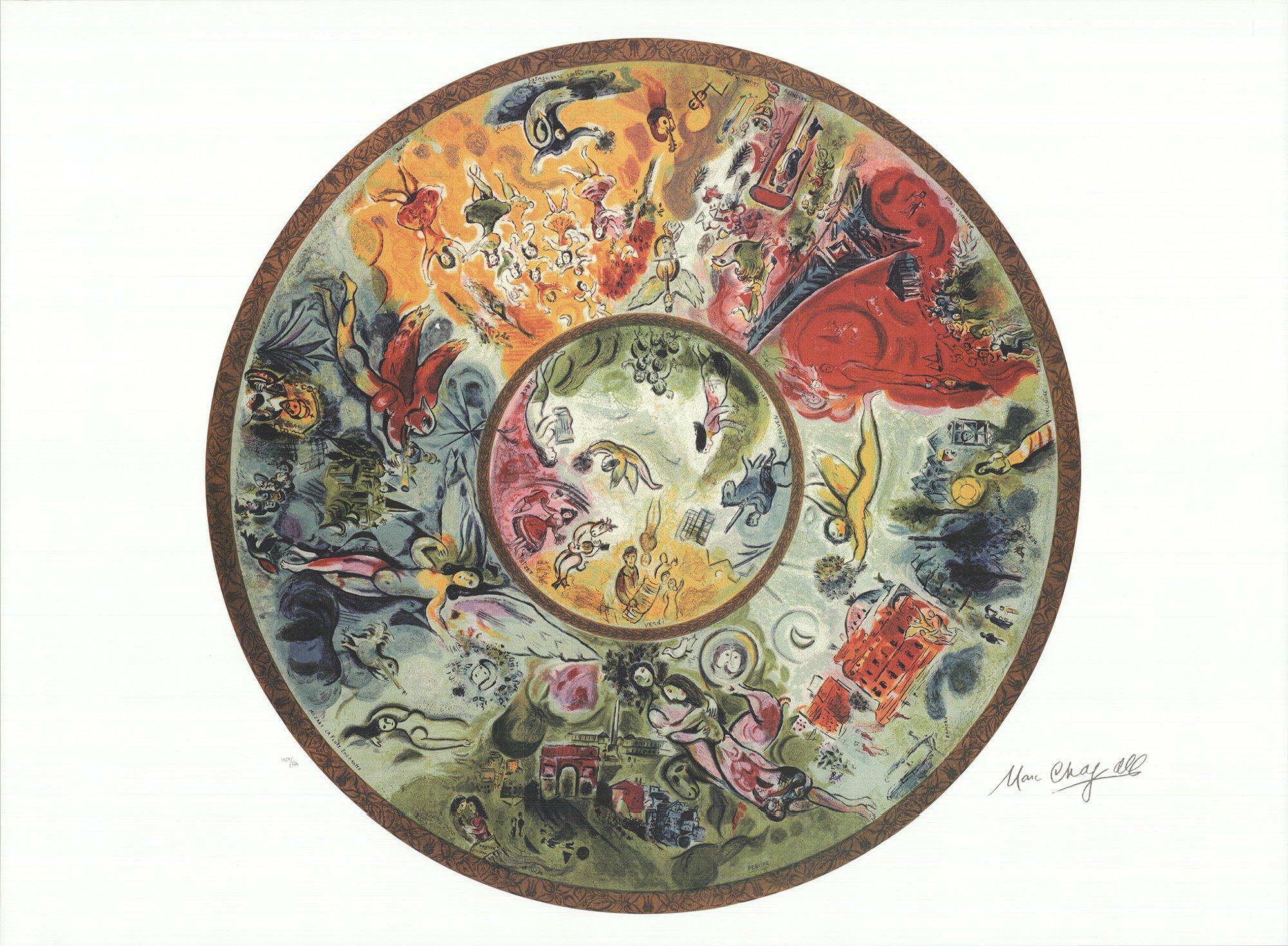 This five-color offset lithograph, featuring a facsimile signature of Marc Chagall, masterfully captures a vibrant detail from his iconic Paris Opera ceiling. Printed on high-quality Hahnemühle printmaking board, the lithograph showcases bright,