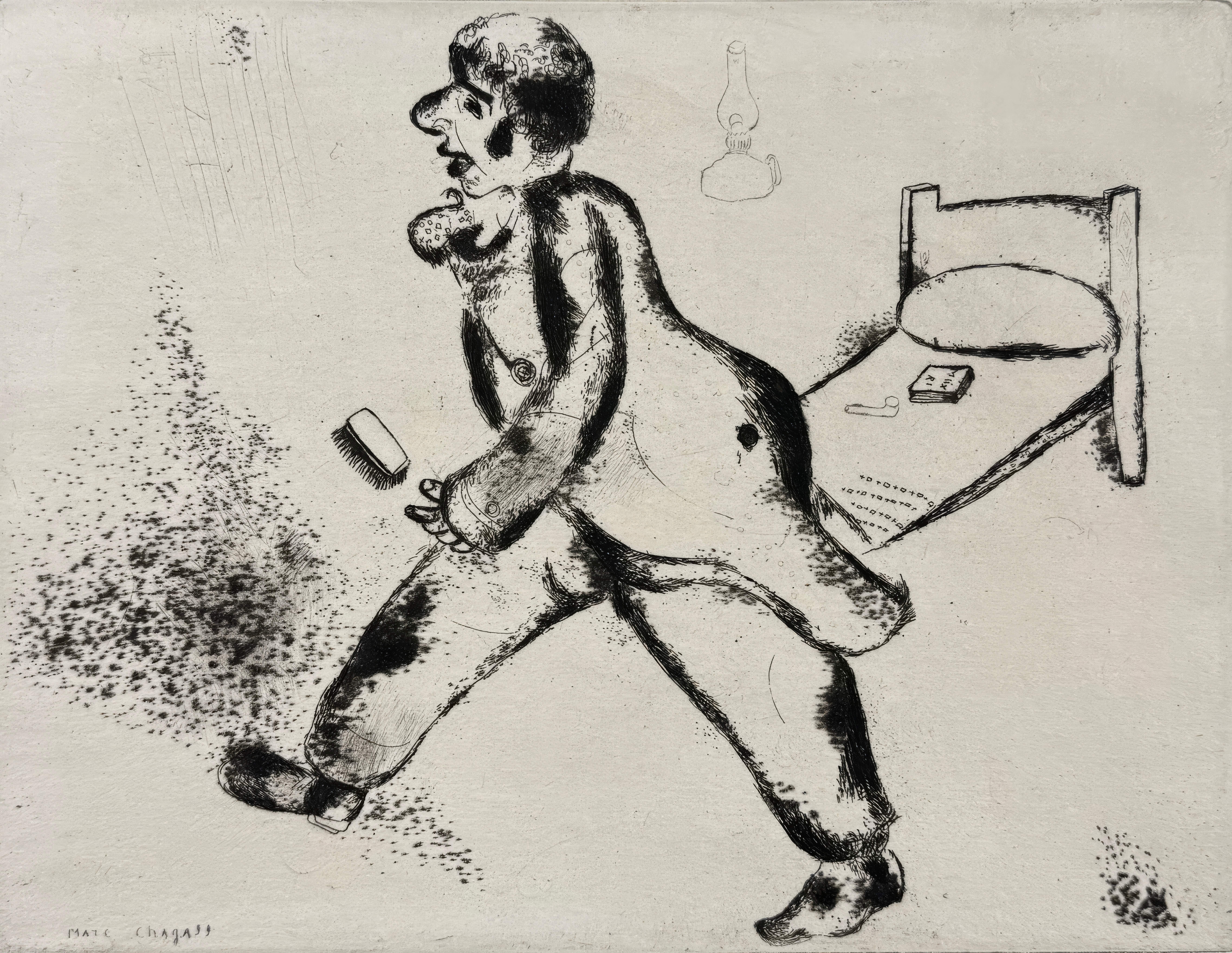 This exquisite etching by Marc Chagall (1887–1985), titled Petruchka (Petrushka), originates from the celebrated folio Nicolas Gogol, Les Ames mortes, Eaux-fortes originales de Marc Chagall (Nicolas Gogol, Dead Souls, Original Etchings by Marc