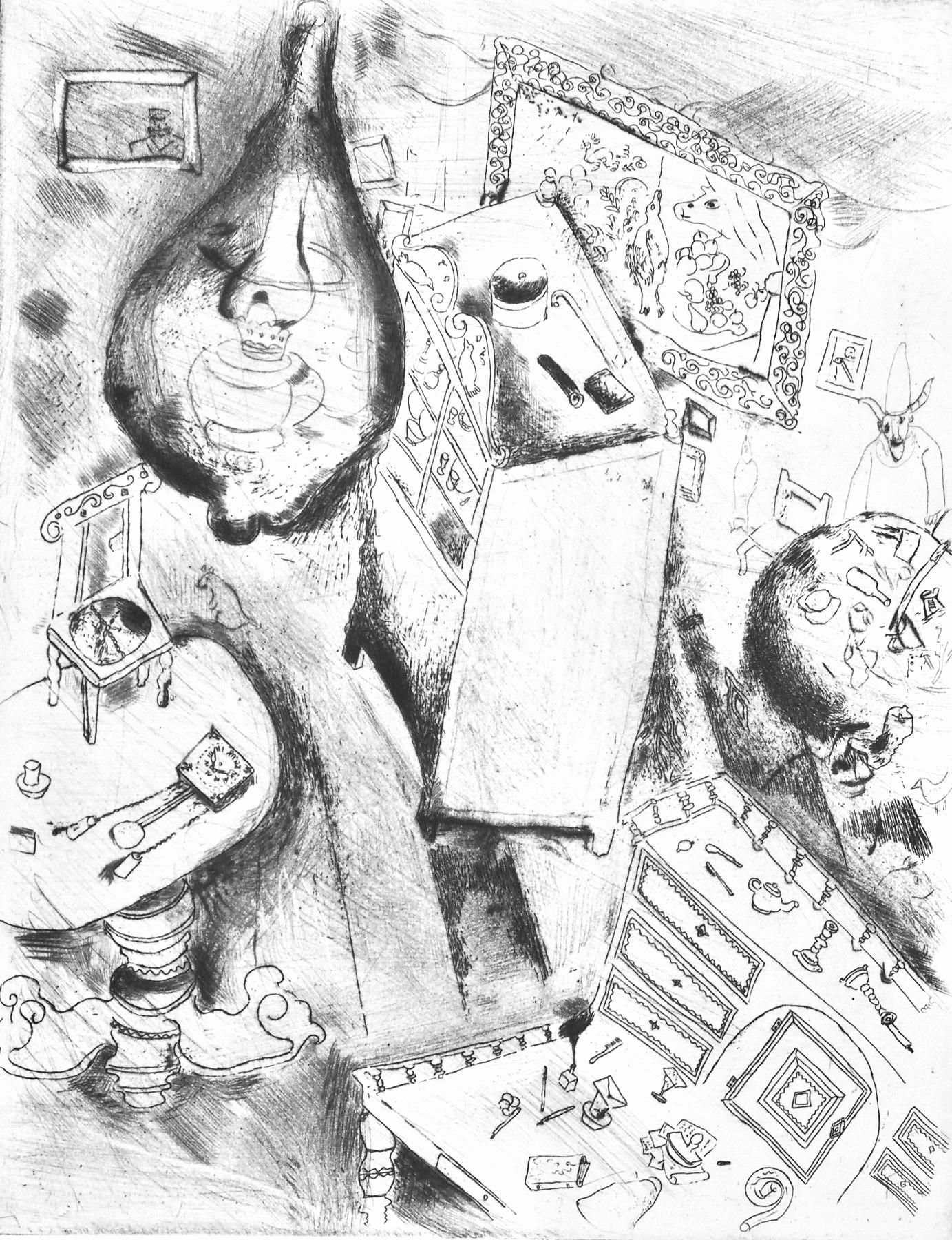 This exquisite etching by Marc Chagall (1887–1985), titled La chambre de Pliushkin (Pliushkin’s Room), originates from the celebrated folio Nicolas Gogol, Les Ames mortes, Eaux-fortes originales de Marc Chagall (Nicolas Gogol, Dead Souls, Original