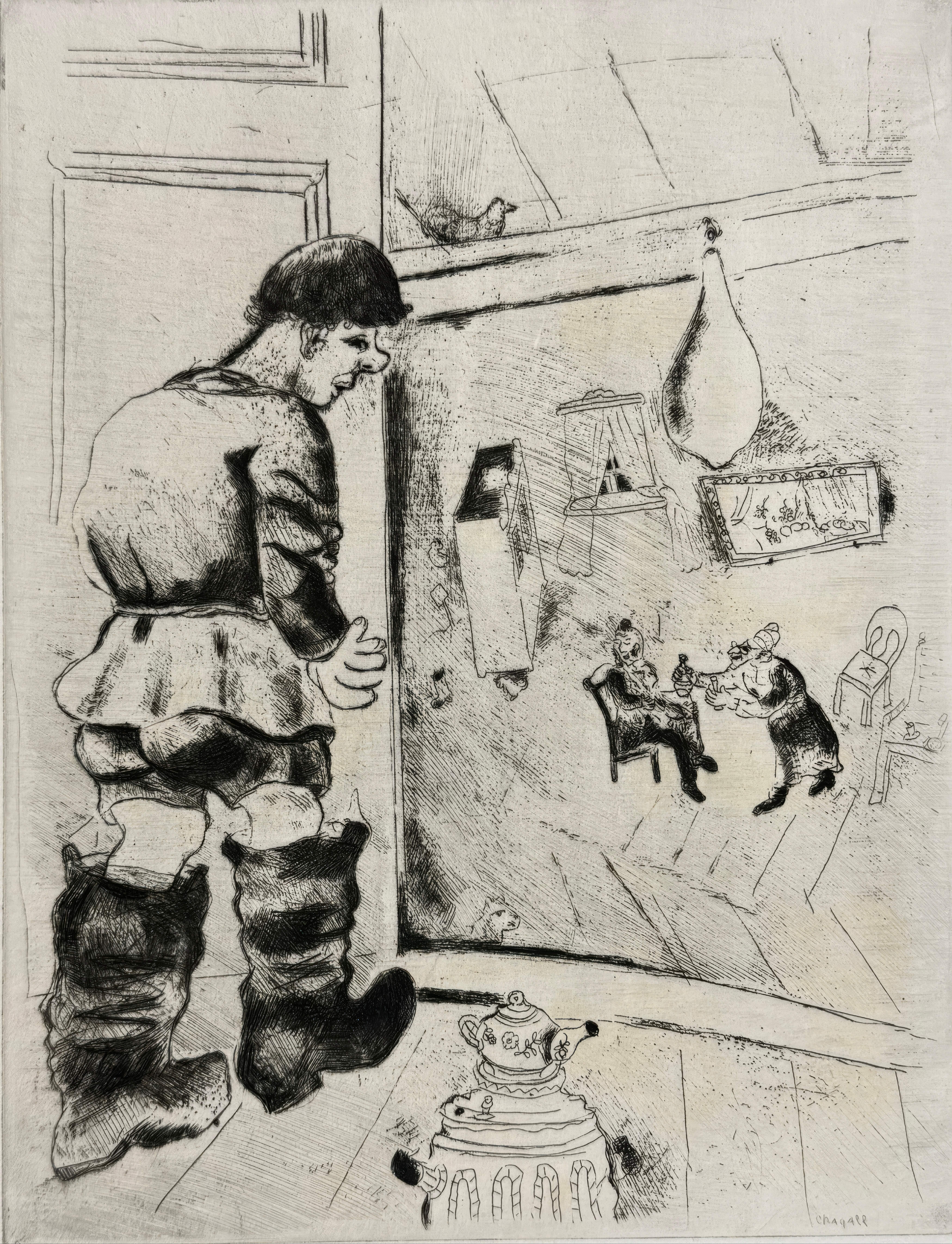This exquisite etching by Marc Chagall (1887–1985), titled Prochka (Prochka), originates from the celebrated folio Nicolas Gogol, Les Ames mortes, Eaux-fortes originales de Marc Chagall (Nicolas Gogol, Dead Souls, Original Etchings by Marc Chagall),