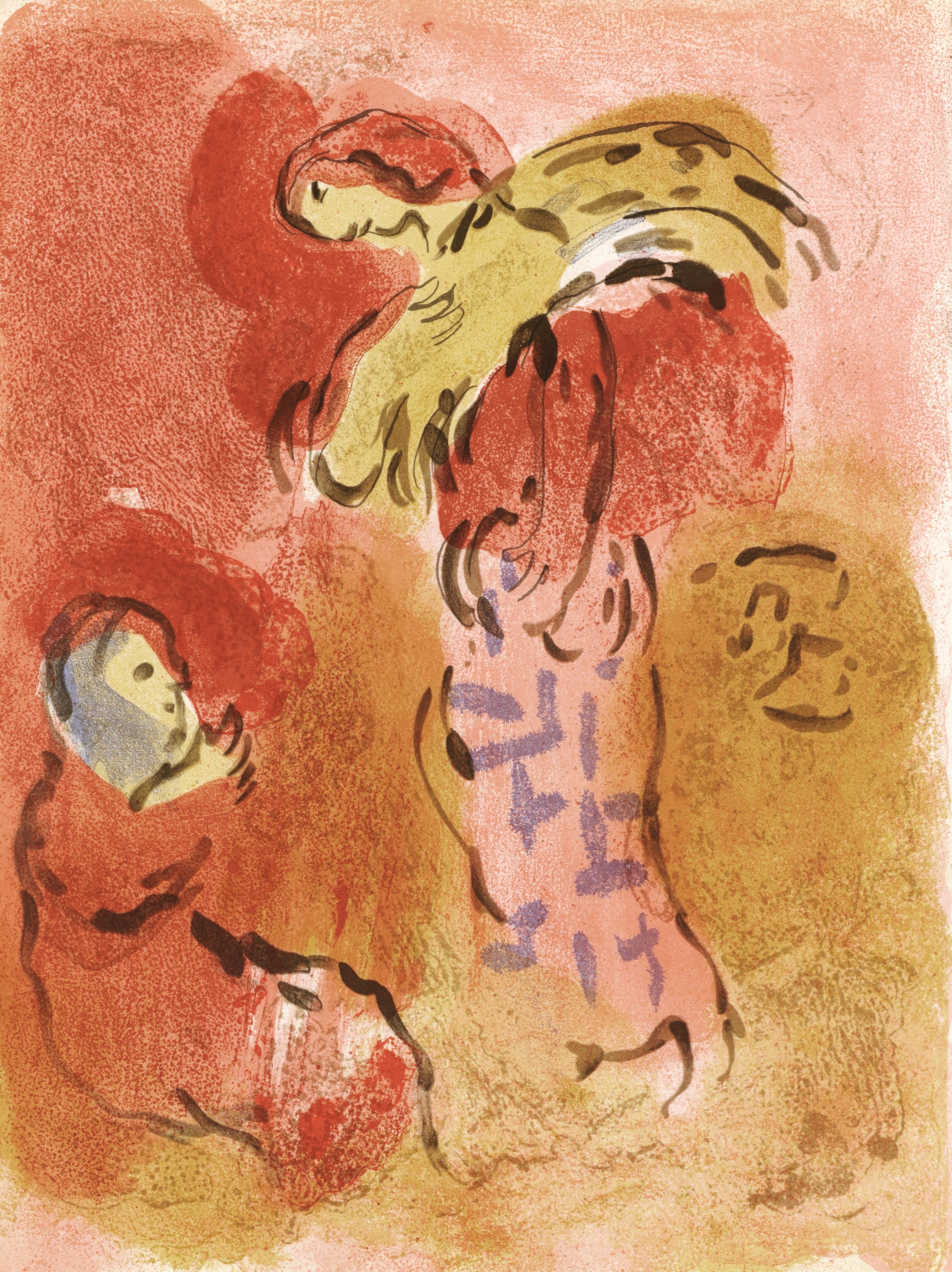This exquisite lithograph by Marc Chagall (1887–1985), titled Ruth glaneuse (Ruth the Gleaner), from Marc Chagall, Dessins Pour La Bible (Drawings for the Bible), Verve: Revue Artistique et Litteraire, Vol. X, No. 37-38, originates from the July 29,