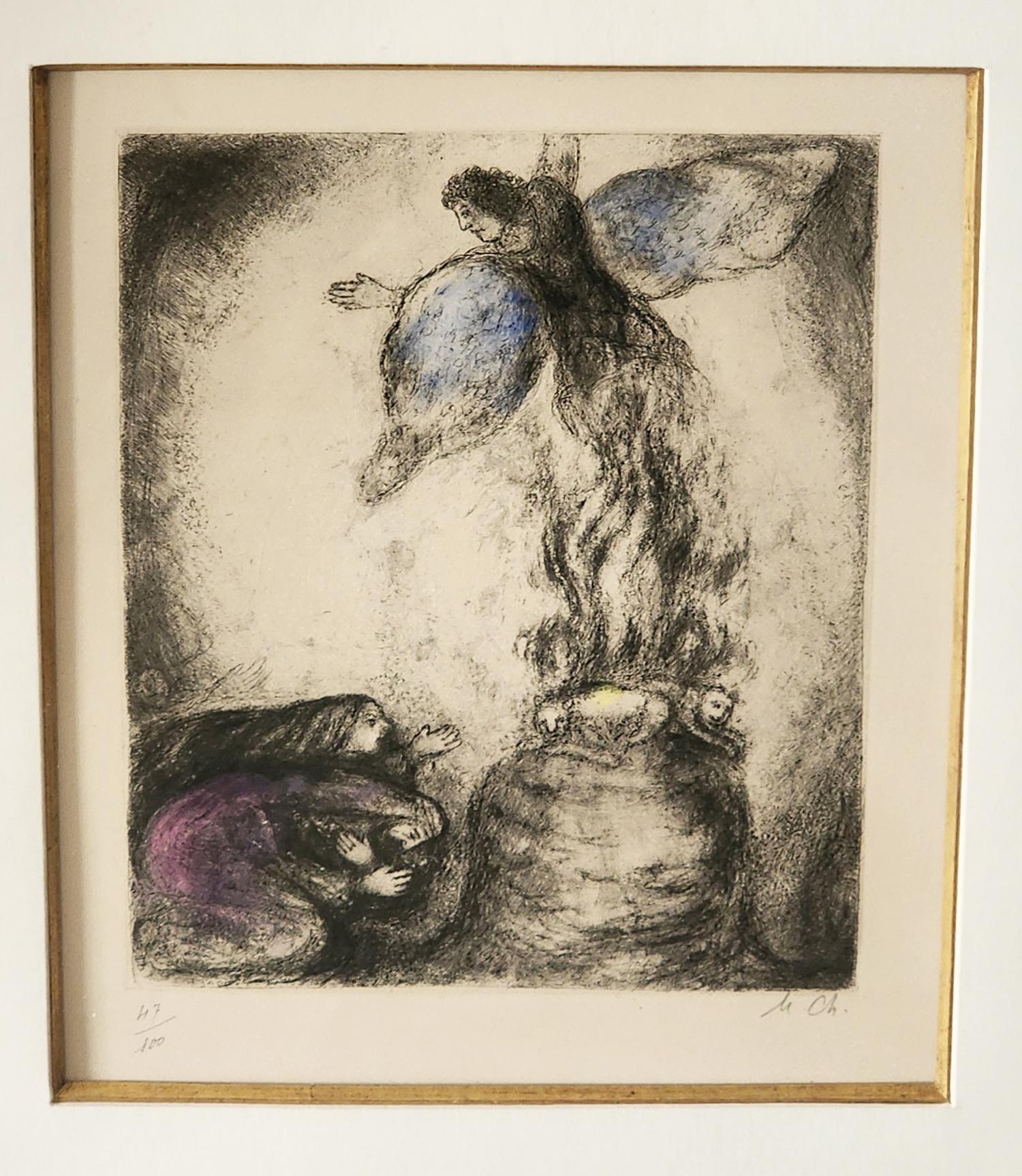 Marc Chagall 'Sacrificio di Manoah - 1956' Acquaforte con acquerello, firmata e intascata 1