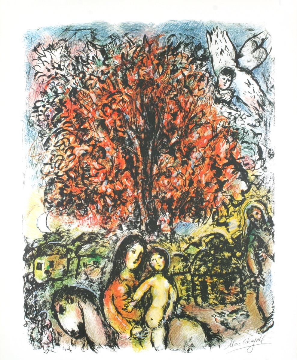 This beautifully printed limited edition exhibition poster by Marc Chagall, titled La Sainte Famille, was published by Pace Columbus Gallery for a special exhibition held from August to September 1976. The image is signed in the plate—a reproduction