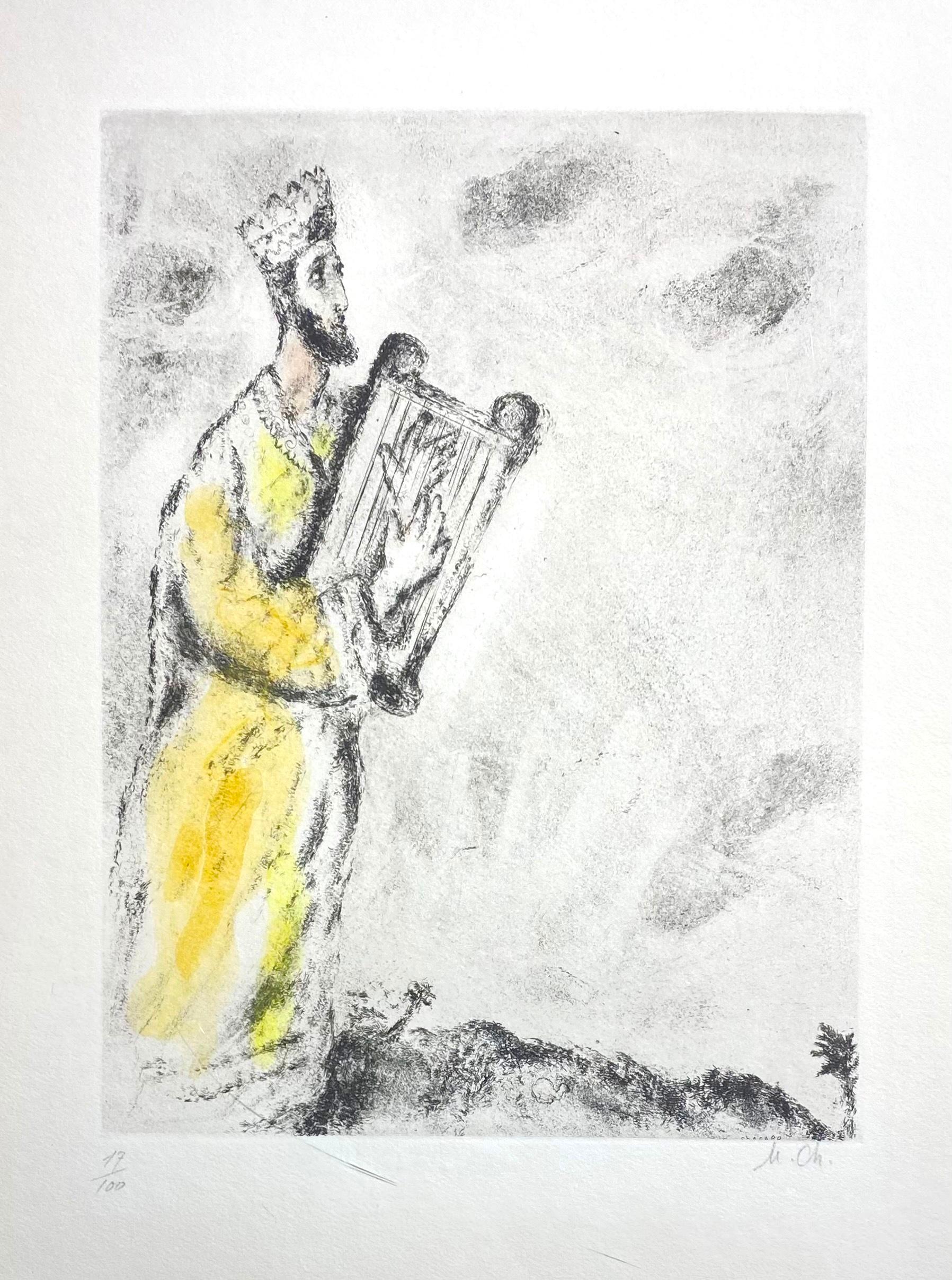 MARC CHAGALL ( 1887- 1985 )
“ Song of the Bow”
1958
from ‘The Bible’ 
Original Etching with hand-coloring in watercolor. Signed with initials and numbered ##/100 in pencil, published by Tériade, Paris.
Monogrammed by hand of Marc Chagall “M.Ch”