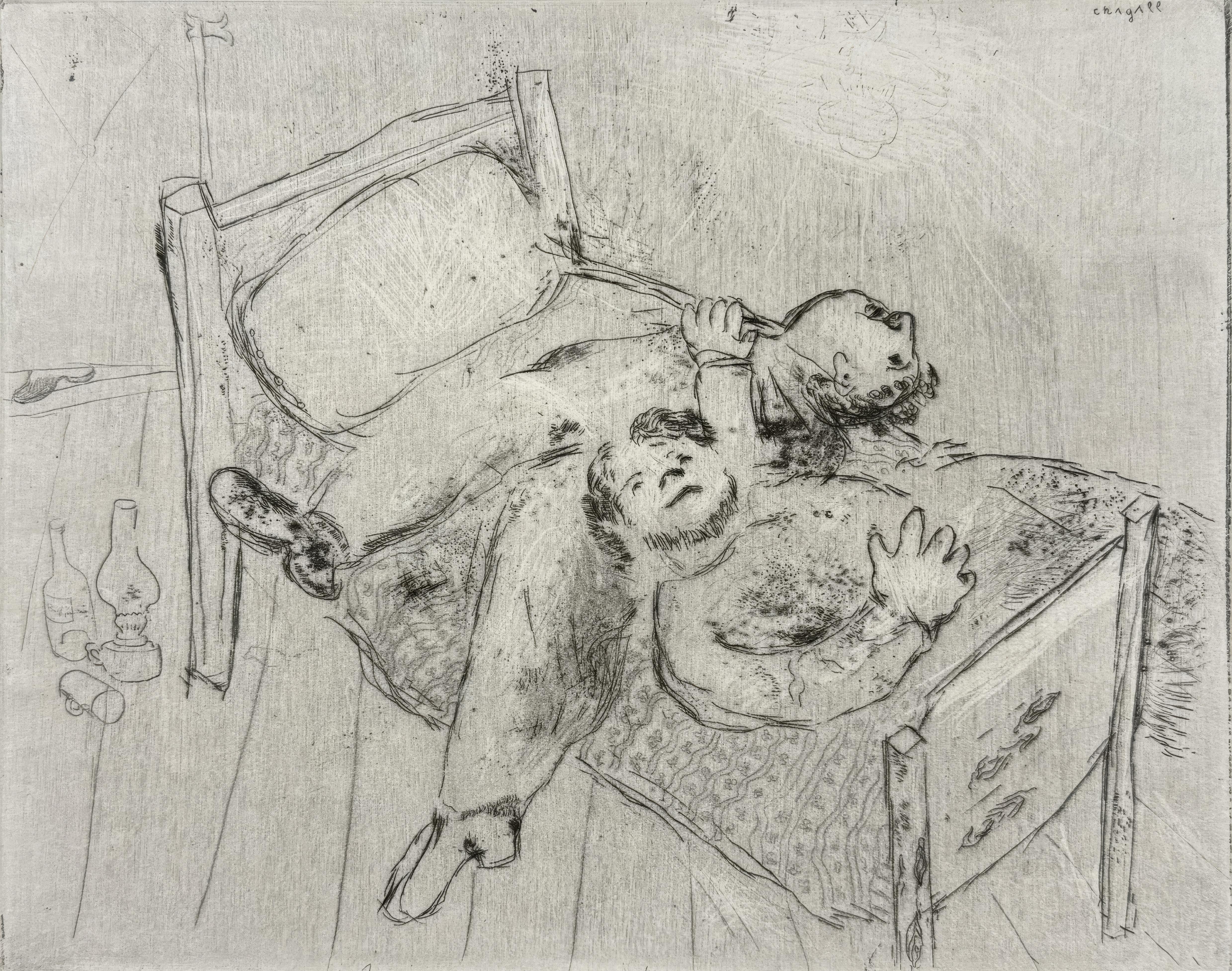 This exquisite etching by Marc Chagall (1887–1985), titled Etendus sur le lit (Stretched Out on the Bed), originates from the celebrated folio Nicolas Gogol, Les Ames mortes, Eaux-fortes originales de Marc Chagall (Nicolas Gogol, Dead Souls,