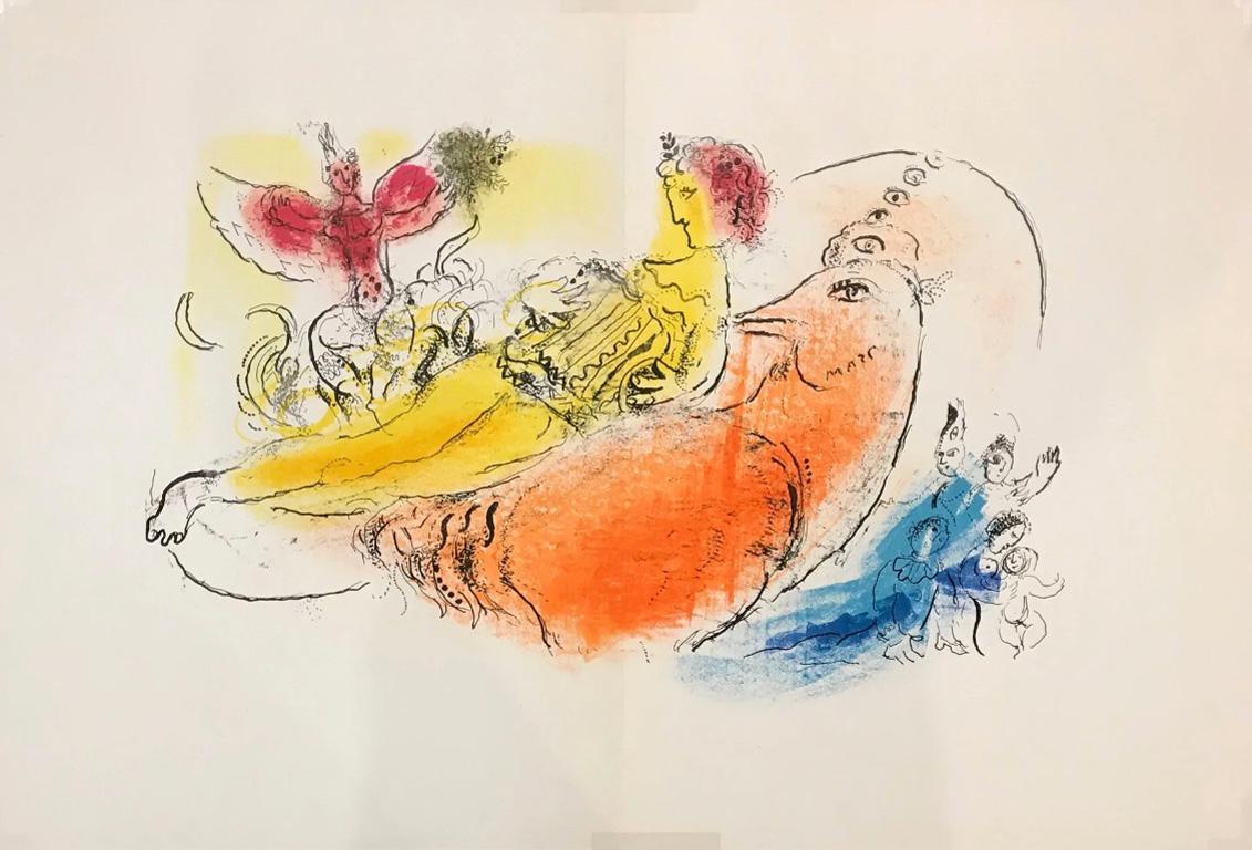 Artist: Marc Chagall
Title: The Accordionist (Derriere le Miroir 99-100)
Portfolio: Derriere le Miroir
Medium: Original Lithograph
Date: 1957
Edition: 2500
Sheet Size: 15