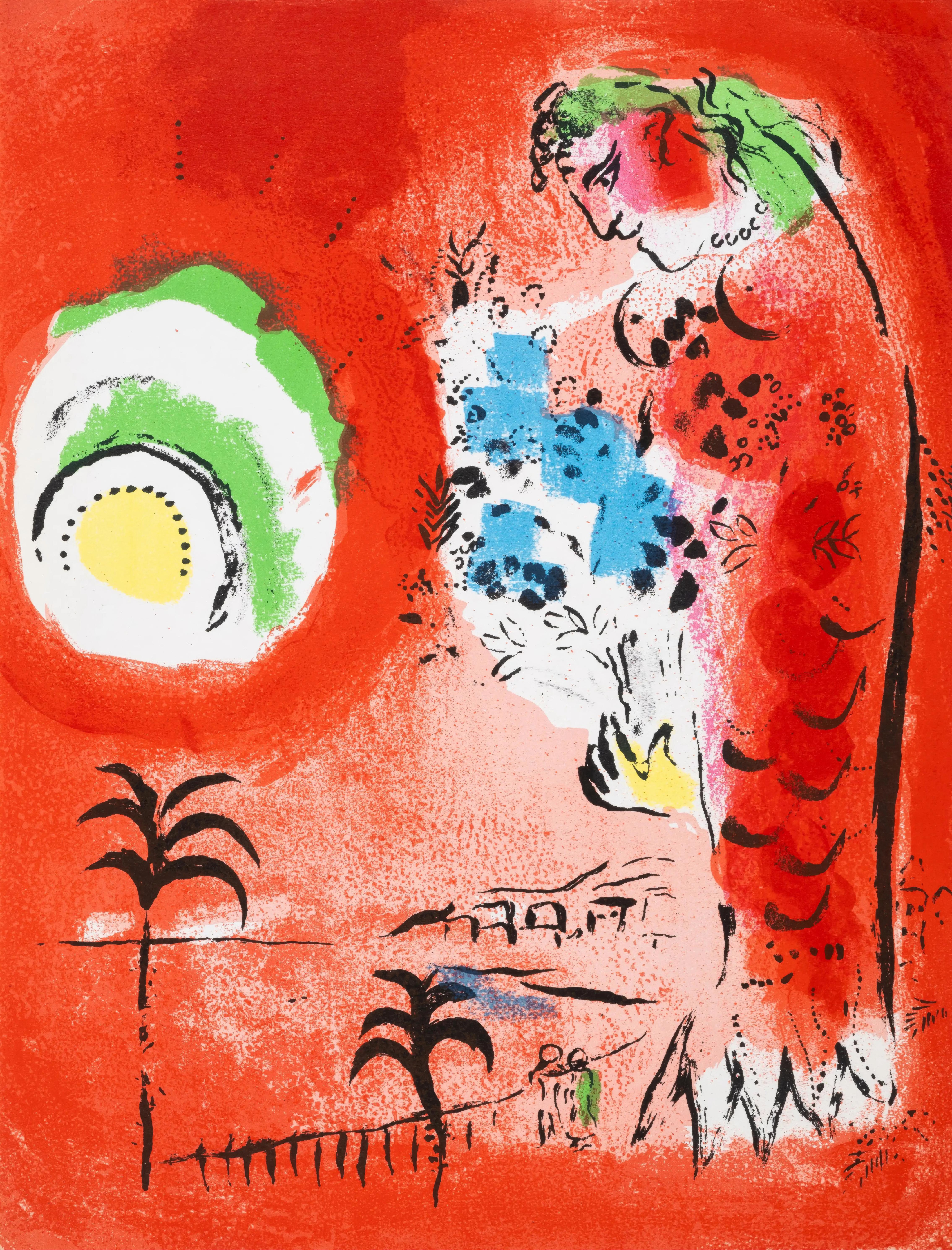 This exquisite lithograph by Marc Chagall (1887–1985), titled La Baie des Anges (The Bay of Angels), from The Lithographs of Chagall I, originates from The Lithographs of Chagall I, originates from the October 1960 issue published by Andre Sauret,