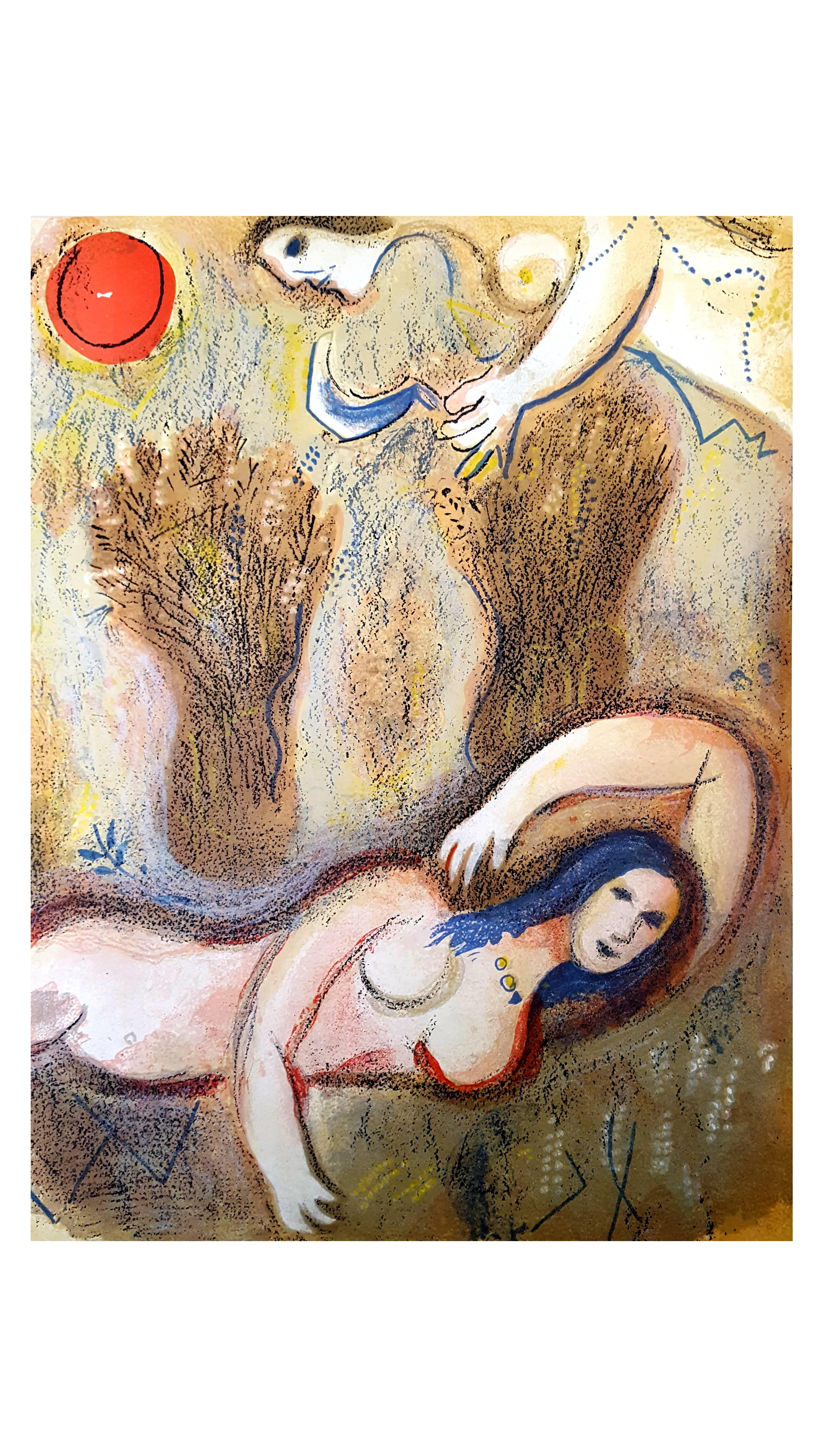 Marc Chagall, Original Lithograh depicting an instant of the Bible.
Technique:	Original lithograph in colours (Mourlot no. 234)
On the reverse: another black and white original lithograph (Mourlot no. 257)
Year:	1960
Sizes:	35,5 x 26 cm / 14" x